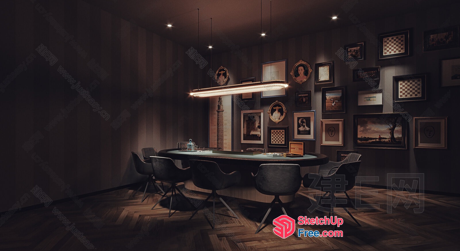 Elegant Dining Room With Dark Wood Flooring And Artwork 3D SketchUp File