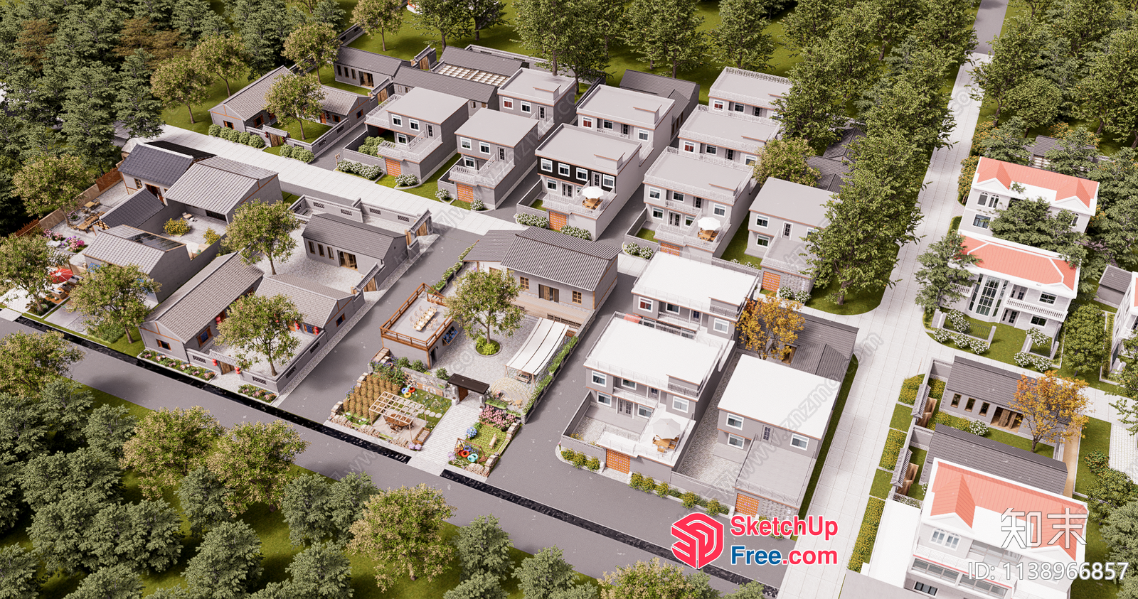 Modern Suburban Neighborhood With Trees And Houses 3D SketchUp File
