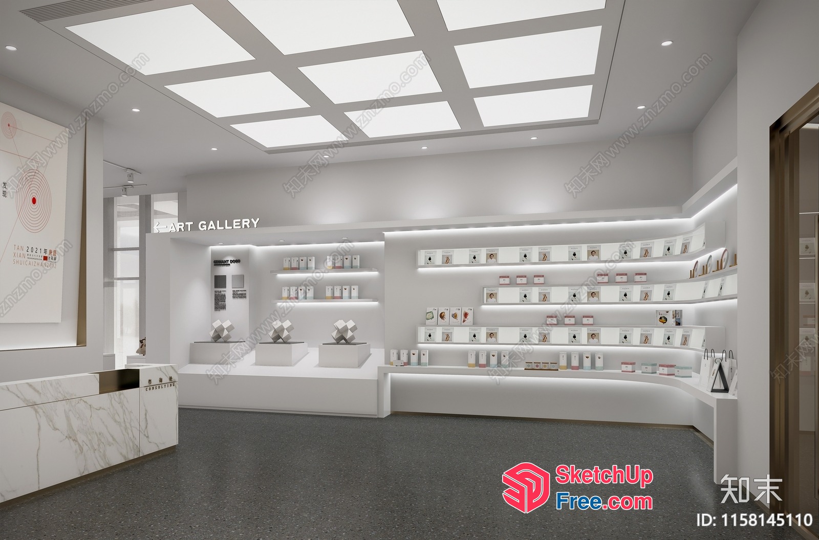 Modern Gallery With White Decor And Grey Floor 3D SketchUp File