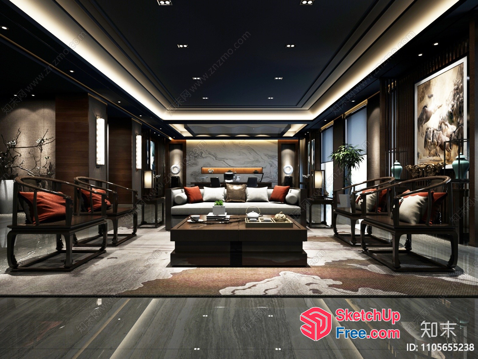 Modern Chinese-Inspired Living Room With Elegant Furniture 3D SketchUp File
