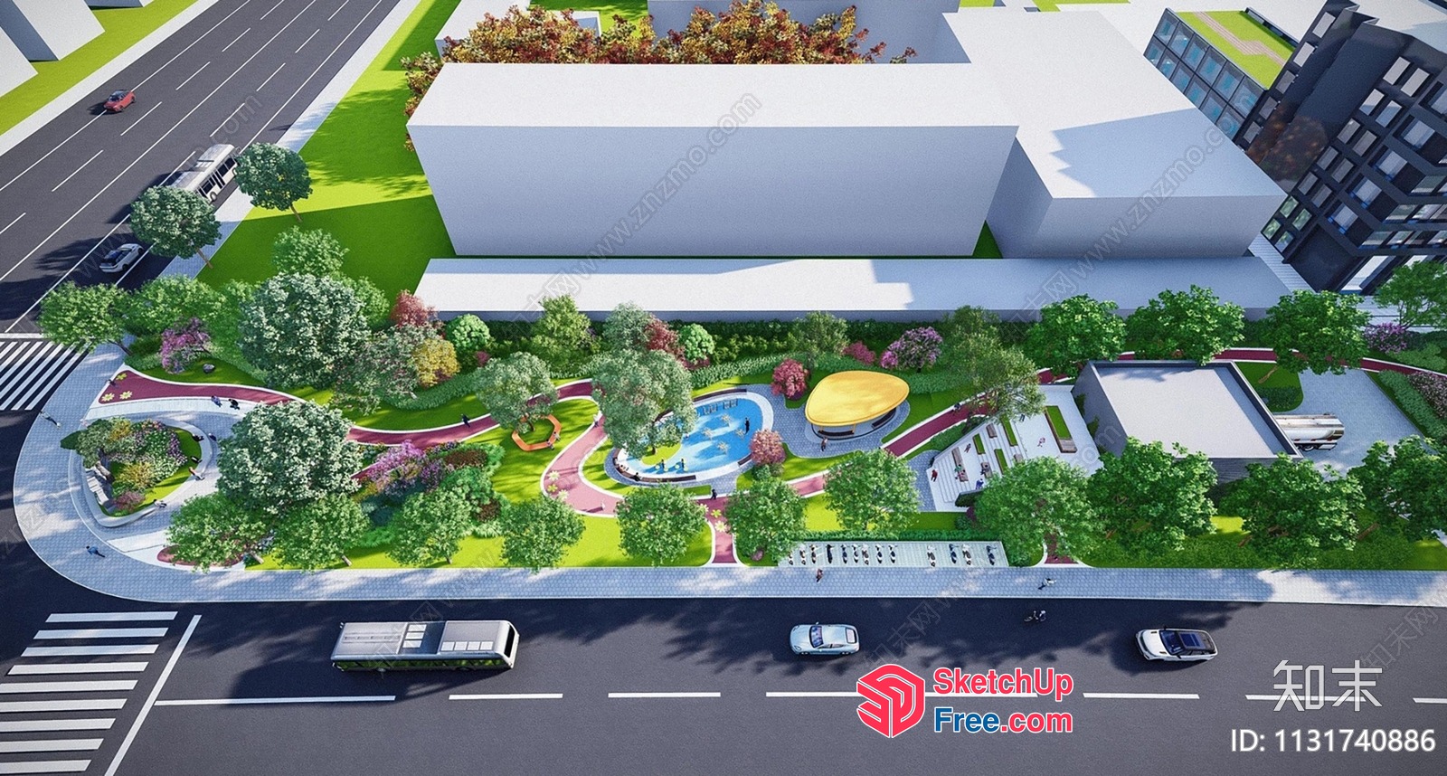 Commercial Street With Modern Buildings And Lush Greenery 3D SketchUp File