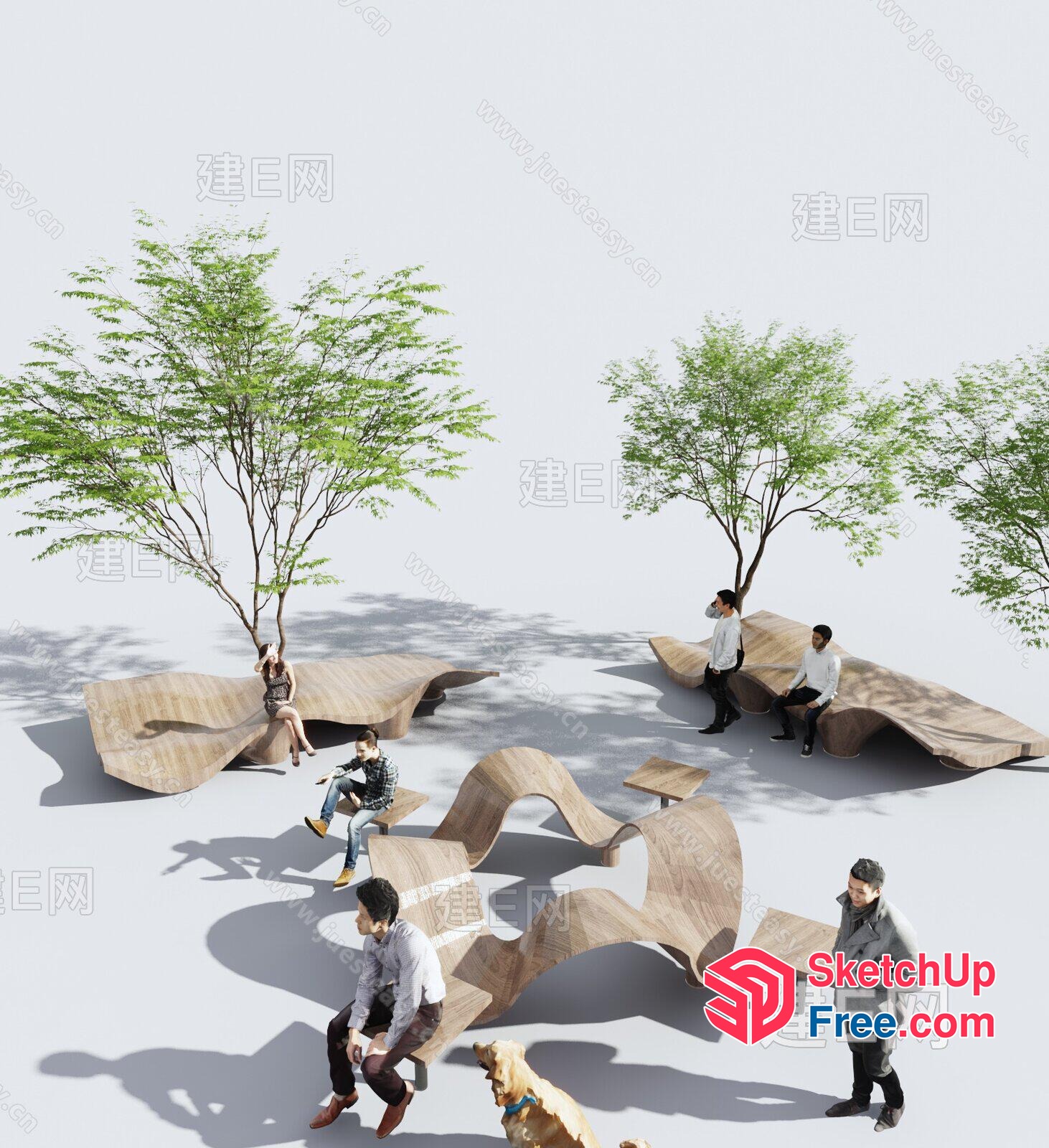 Serpentine Wooden Bench And Tables 3D SketchUp File