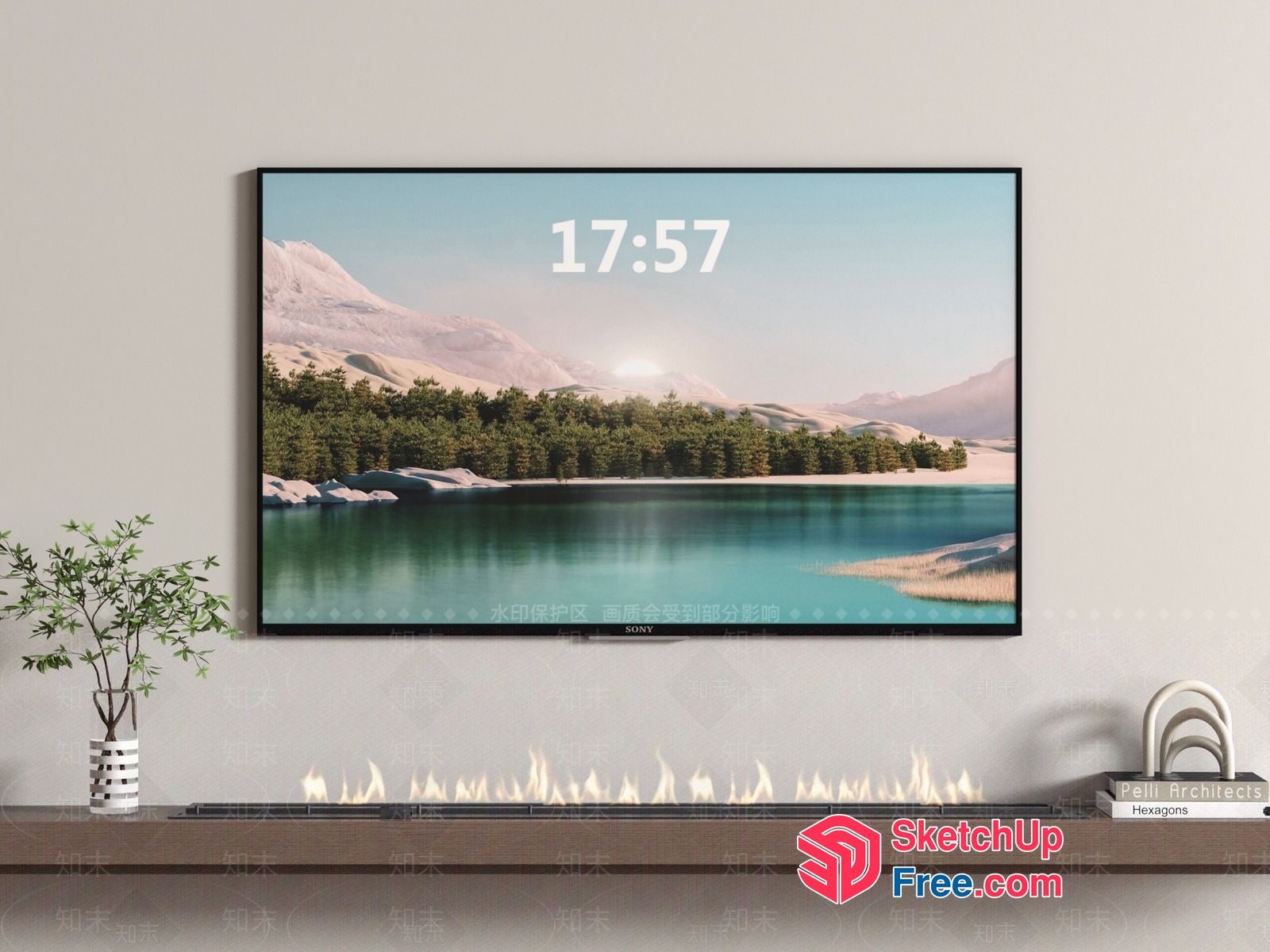 A Modern Living Room With A Fireplace And Tv 3D SketchUp File