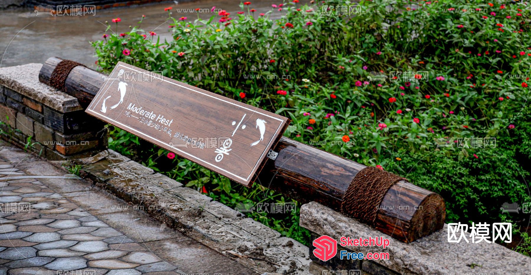 Wooden Signpost With Rope And Stone Base 3D SketchUp File