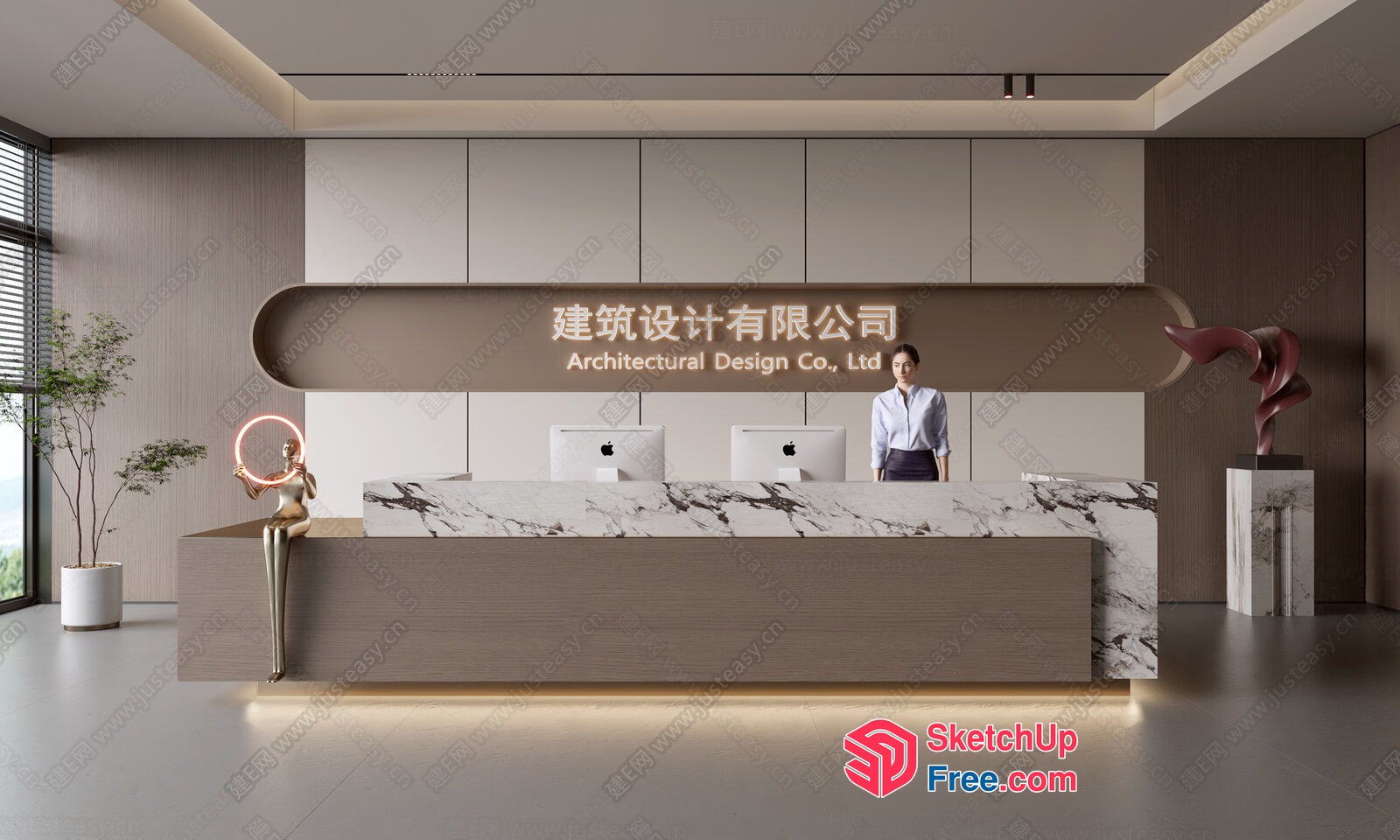 Modern Reception Desk With Marble And Wood Accents 3D SketchUp File