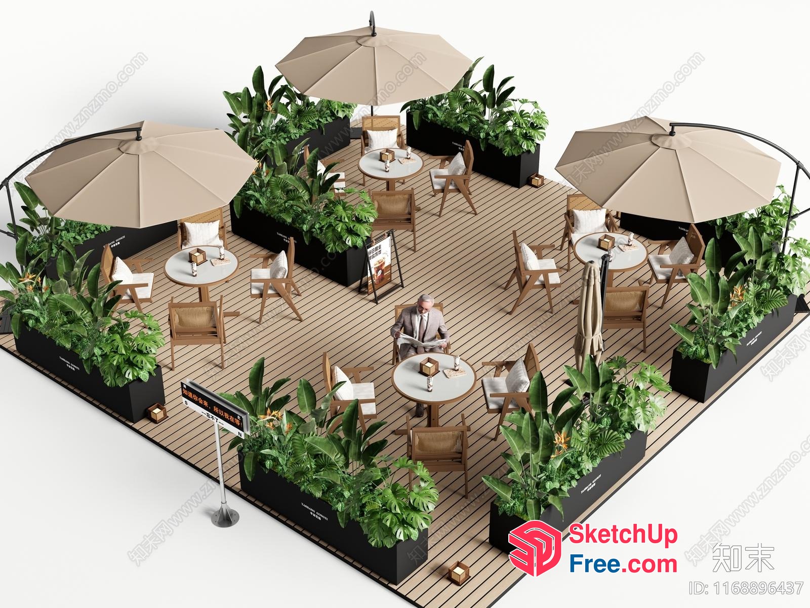 Outdoor Dining Area With Umbrellas And Potted Plants 3D SketchUp File