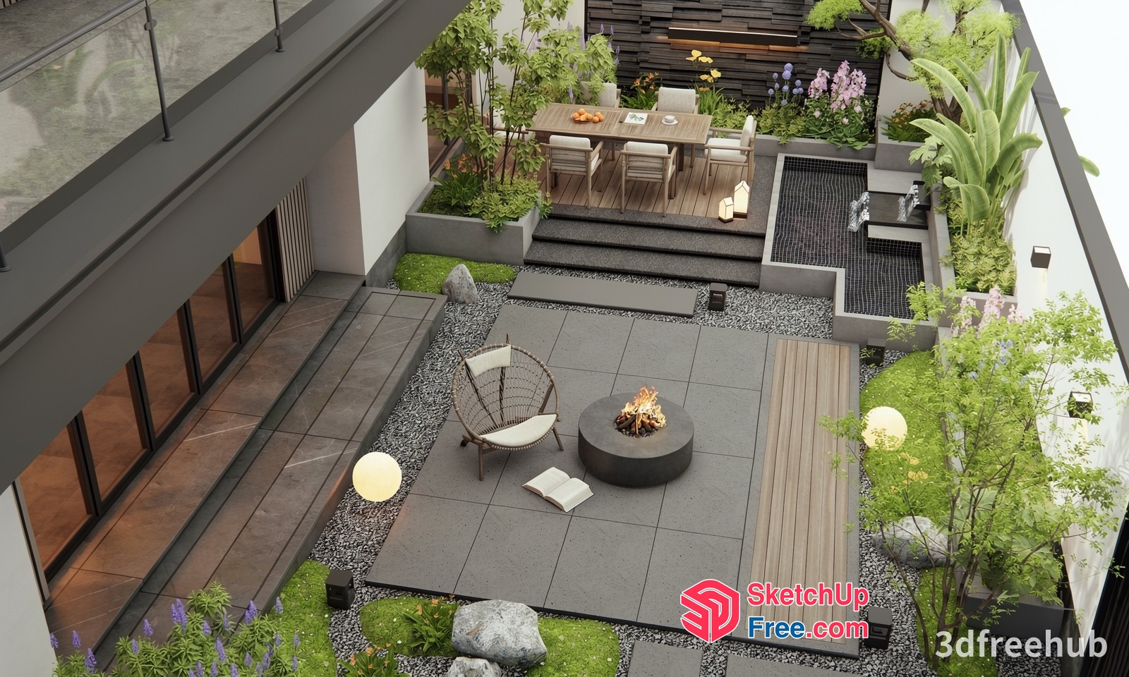 Modern Outdoor Patio With Fire Pit And Water Feature 3D SketchUp File