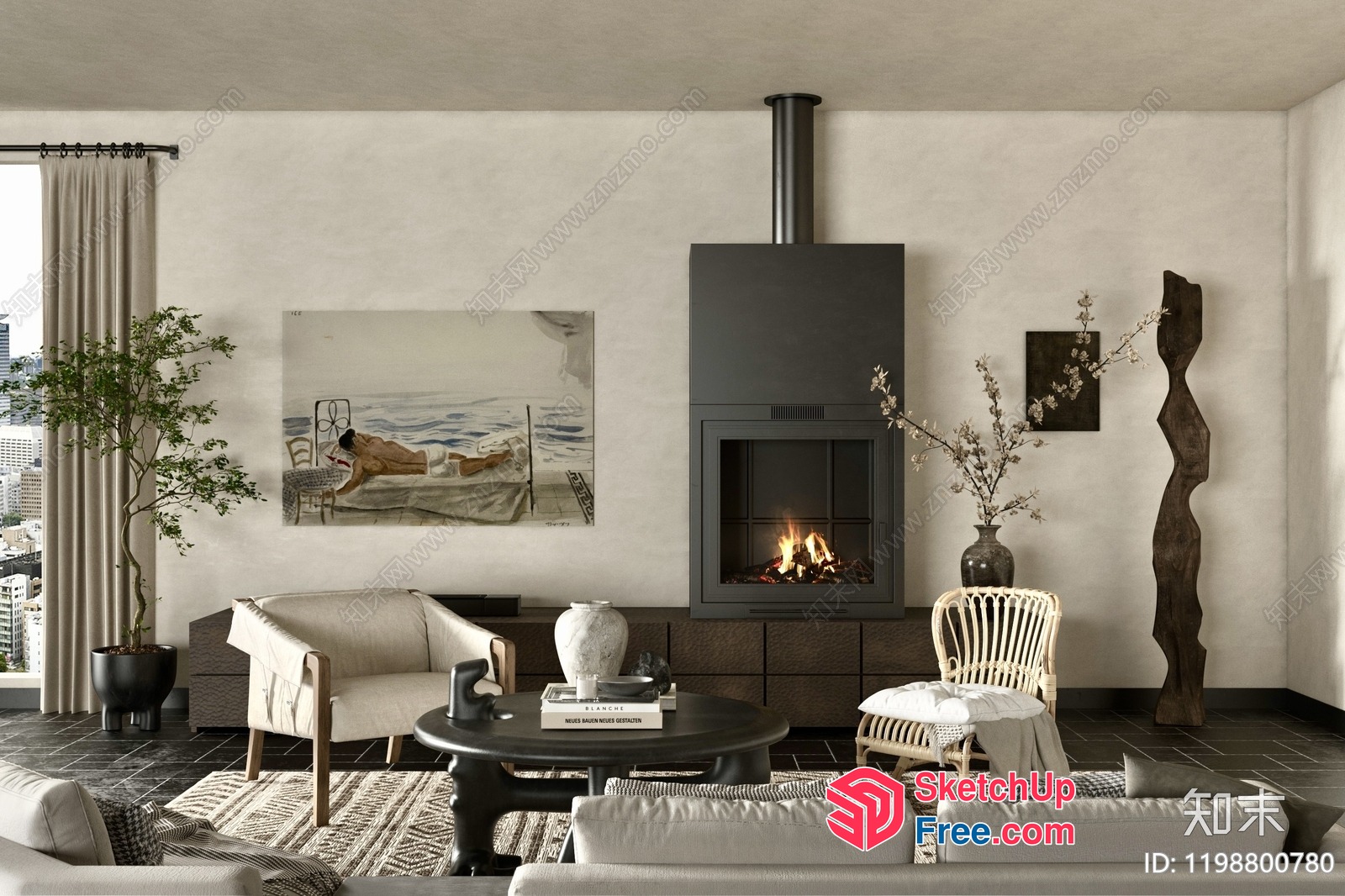 Modern Living Room With Fireplace And City View 3D SketchUp File