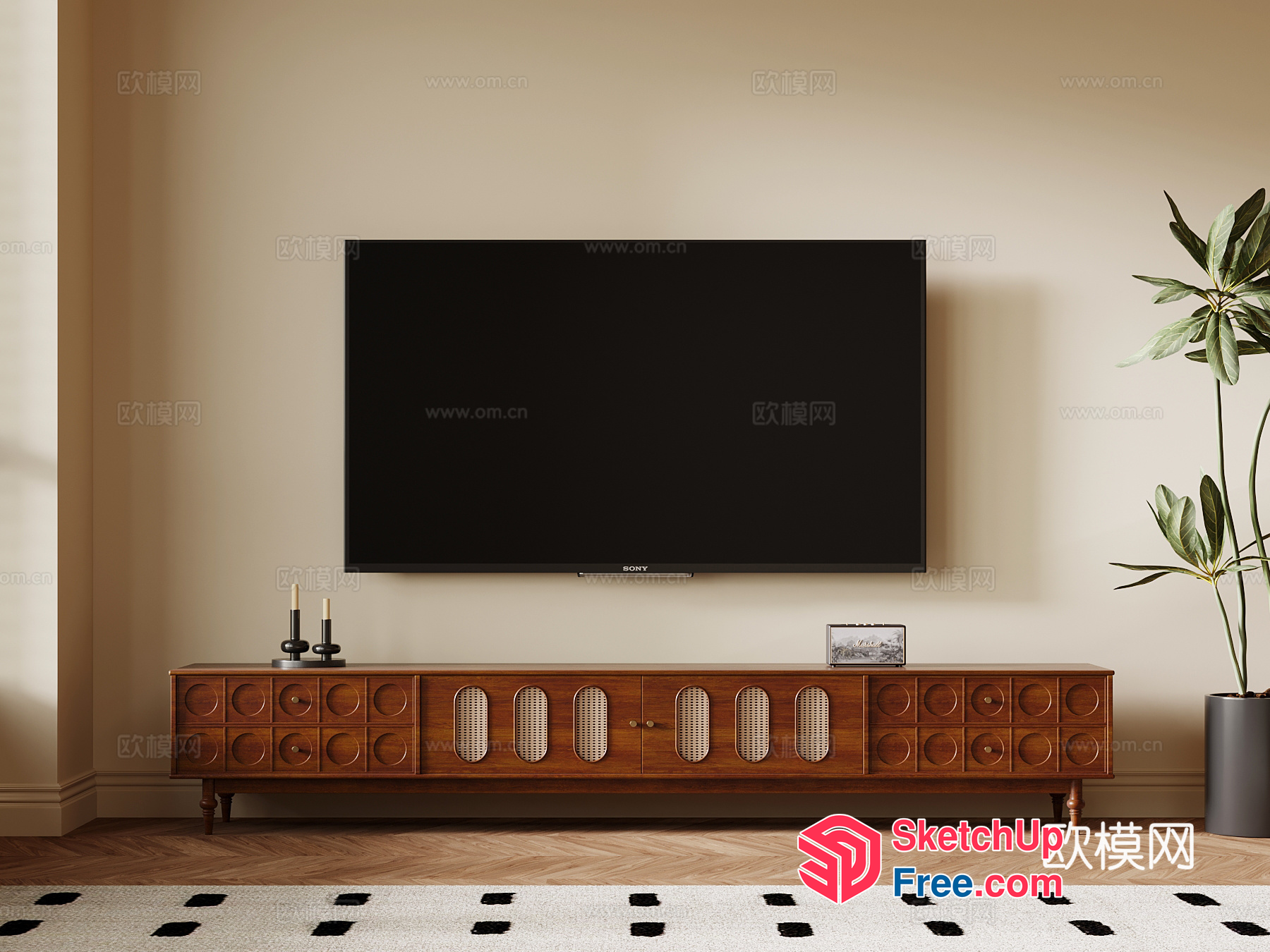Mid-Century Modern Tv Stand With Wood Accents 3D SketchUp File