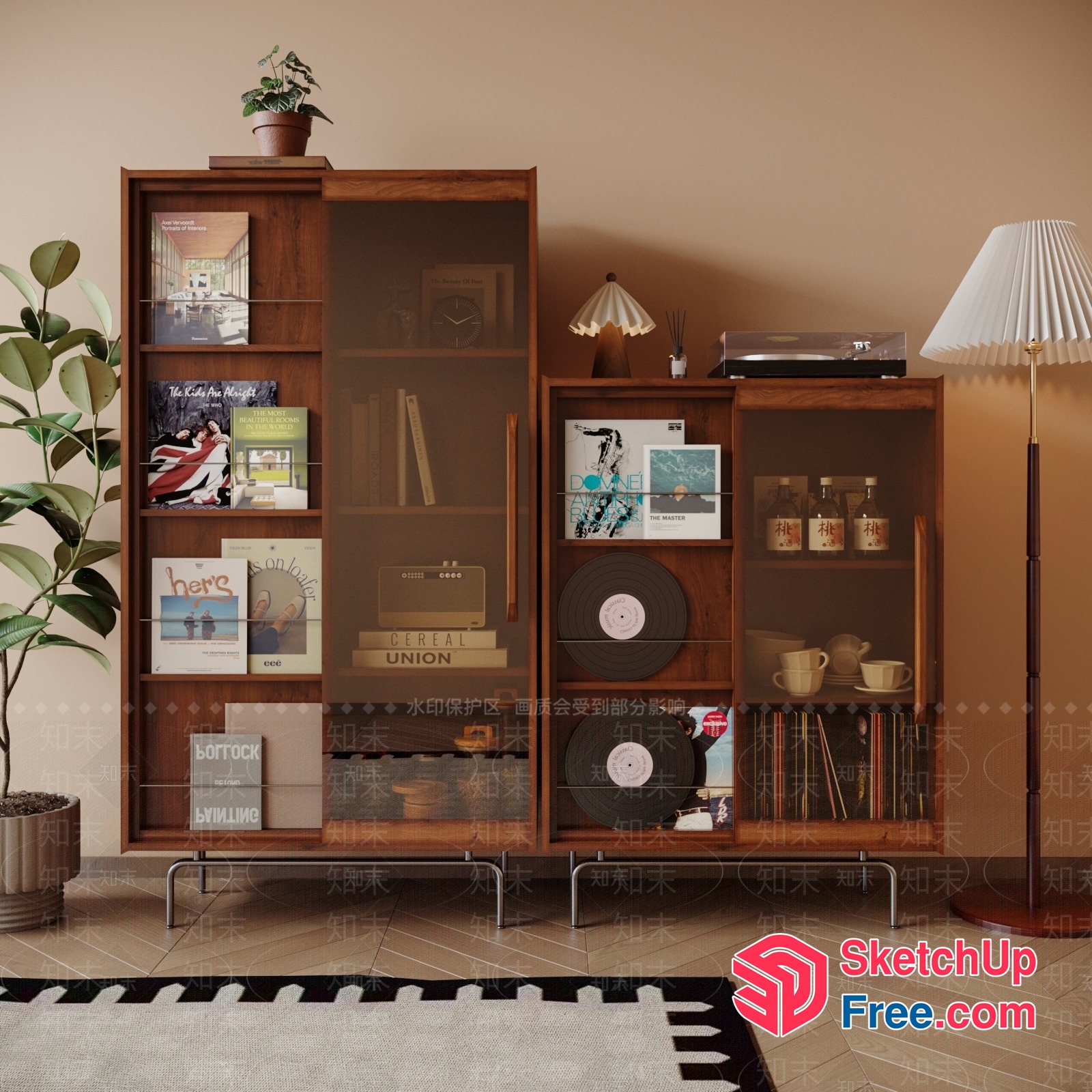 Mid-Century Modern Wood Shelving Unit With Vinyl Records 3D SketchUp File