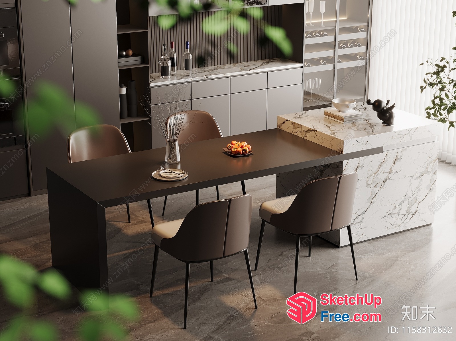 Modern Dining Room With Black Table And White Marble Island 3D SketchUp File