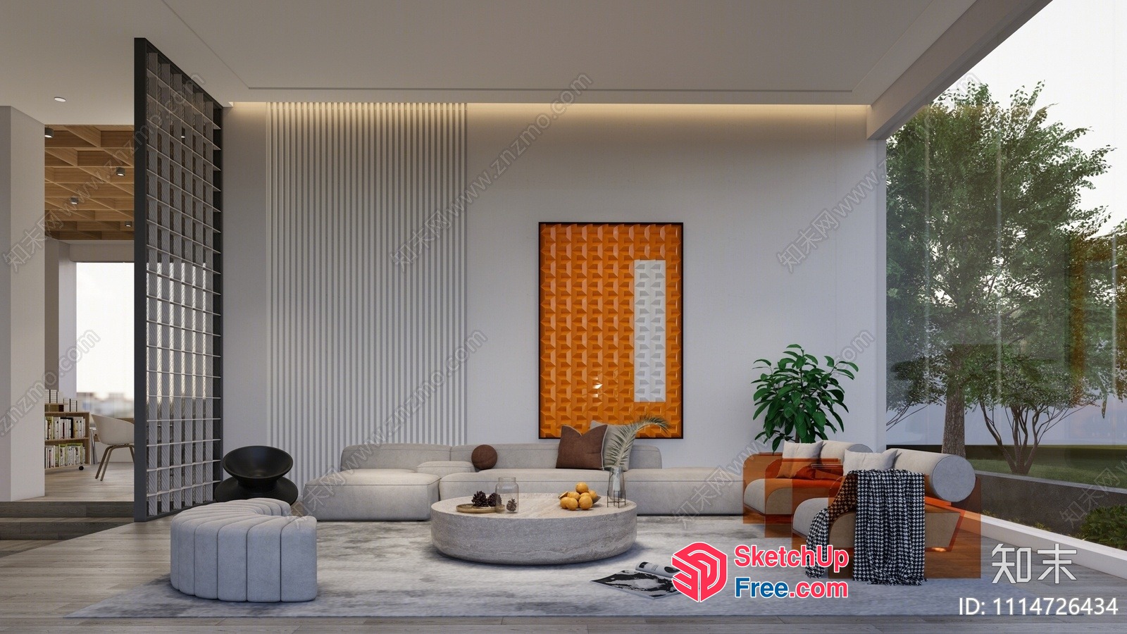 Minimalist Style Living Room With Glass Brick Wall 3D SketchUp File