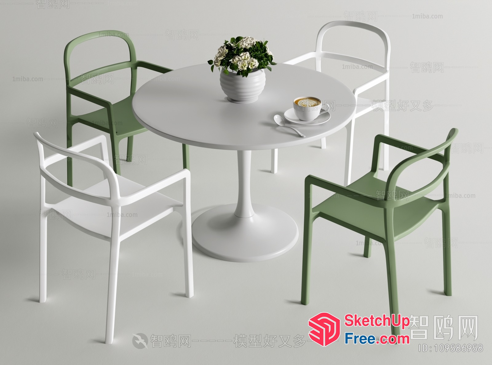 White And Green Chairs Around A Round Table 3D SketchUp File