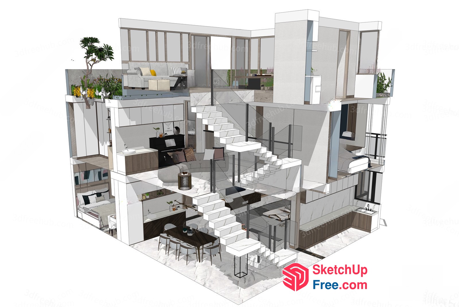 Modern Minimalist Staircase And Dining Room Interior 3D SketchUp File