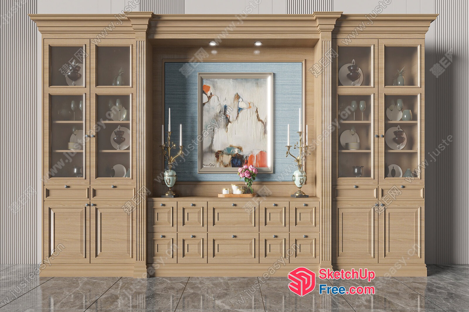 Elegant Wooden Cabinet With Glass Doors And Shelves 3D SketchUp File