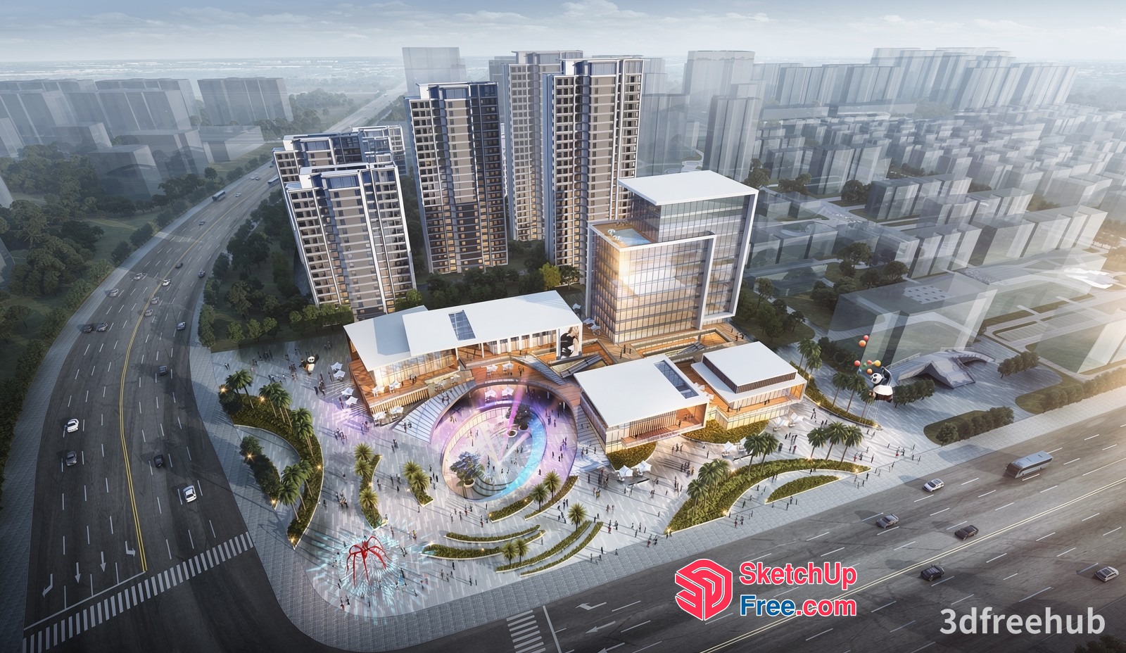Modern Cityscape With Glass Curtain Wall And Commercial Street Cladding 3D SketchUp File