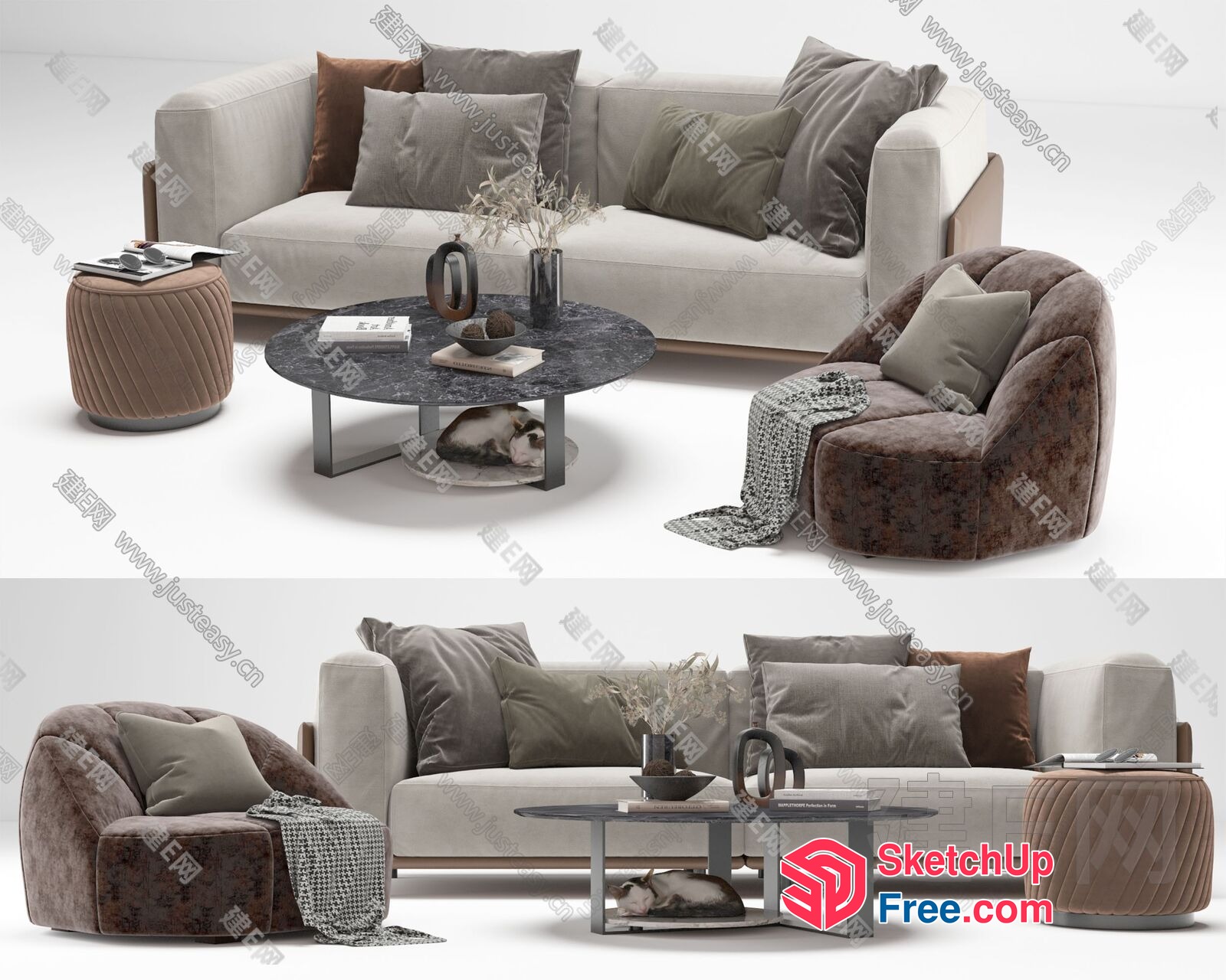 Modern Living Room With Creamy Style Sofa And Pillows 3D SketchUp File