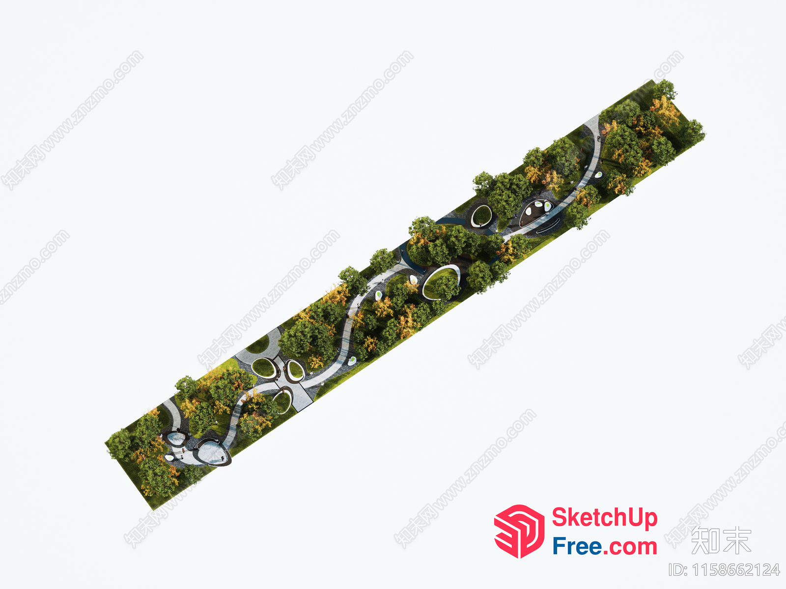 Long Narrow Park With Curved Paths And Greenery 3D SketchUp File