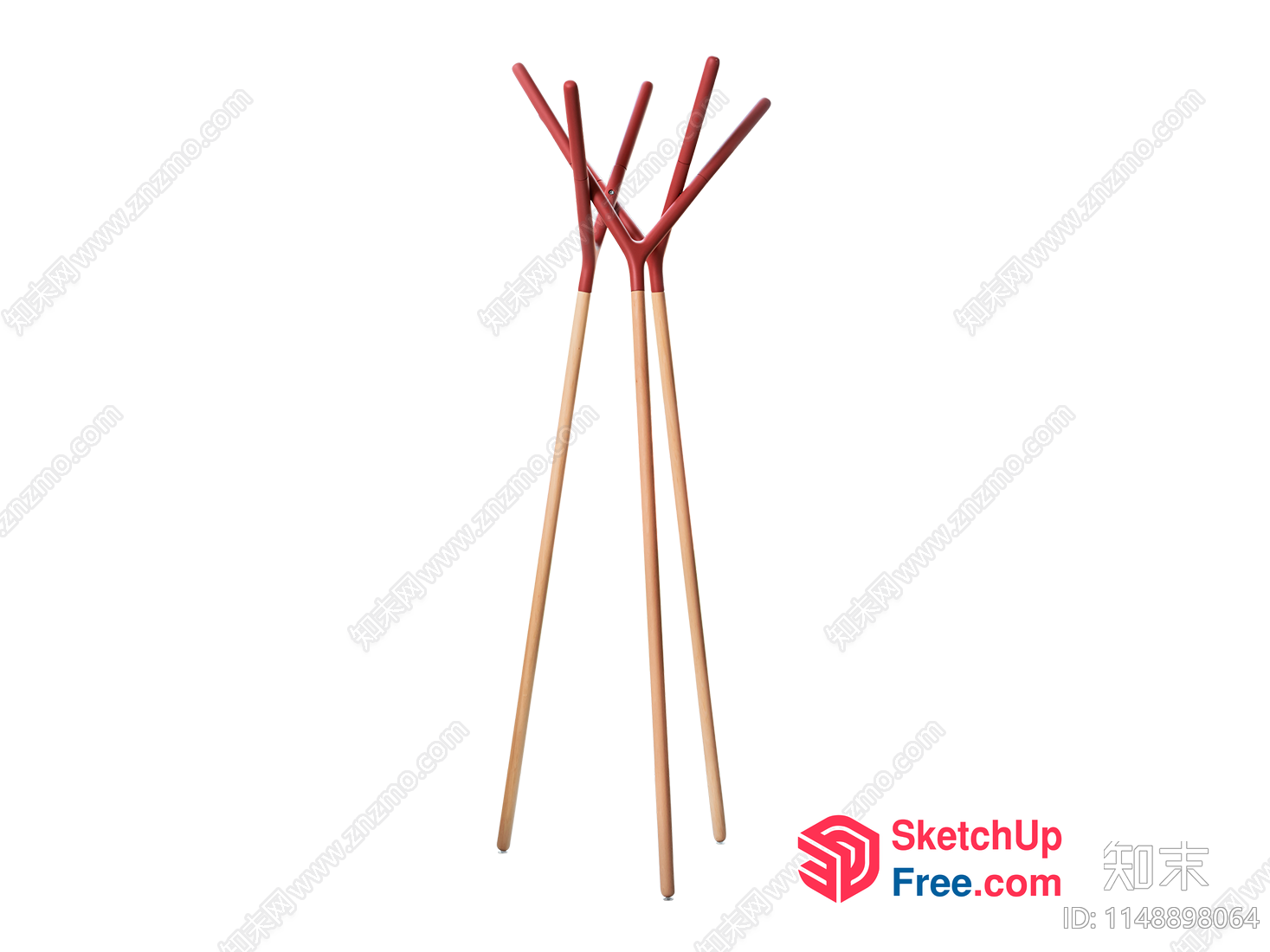 Three Wooden Coat Sticks With Red Handles 3D SketchUp File