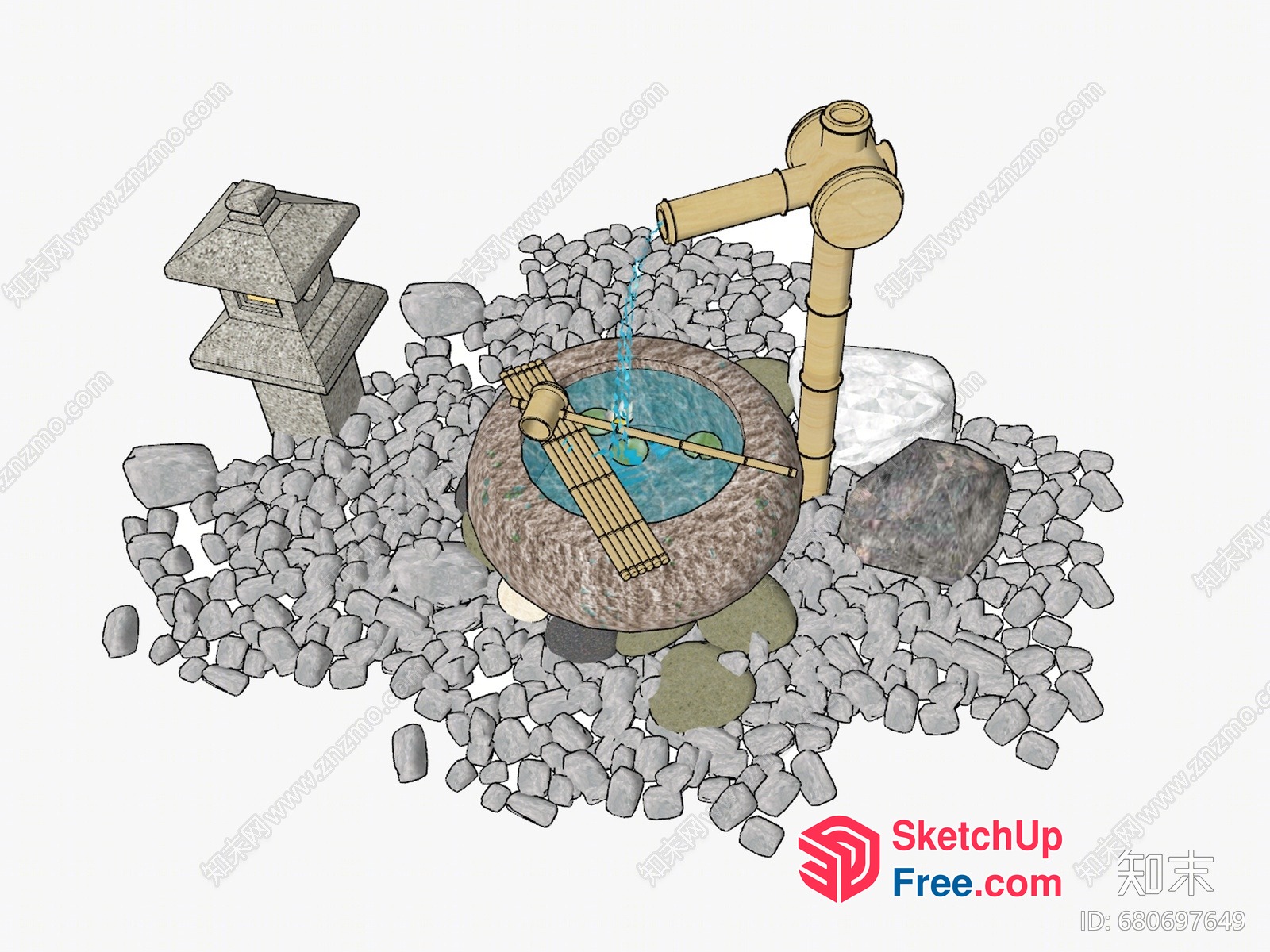 Japanese-Style Water Feature With Stone And Bamboo Decor 3D SketchUp File