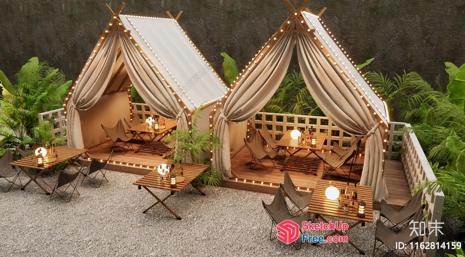 Luxurious Outdoor Dining Area With Elegant Tents And Table Sets 3D SketchUp File