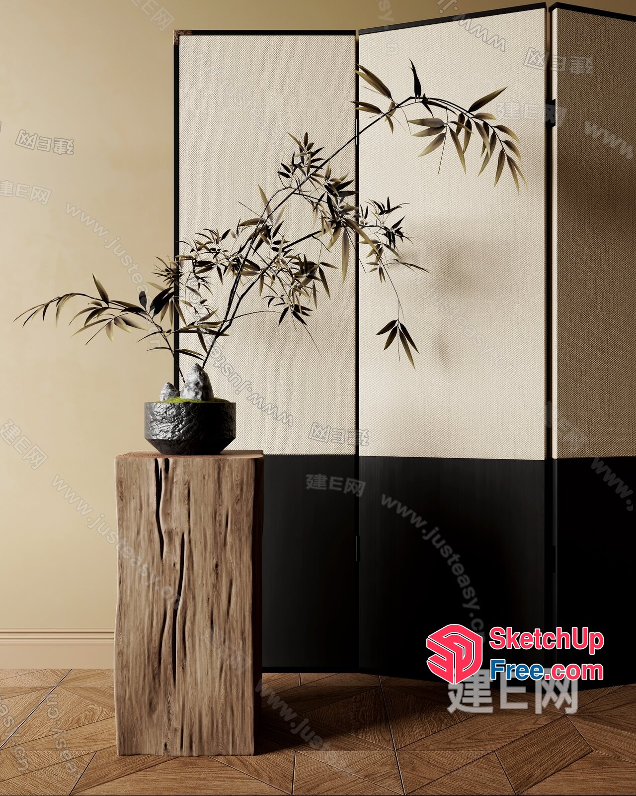 Elegant Japanese-Style Partition Screen With Potted Plant 3D SketchUp File