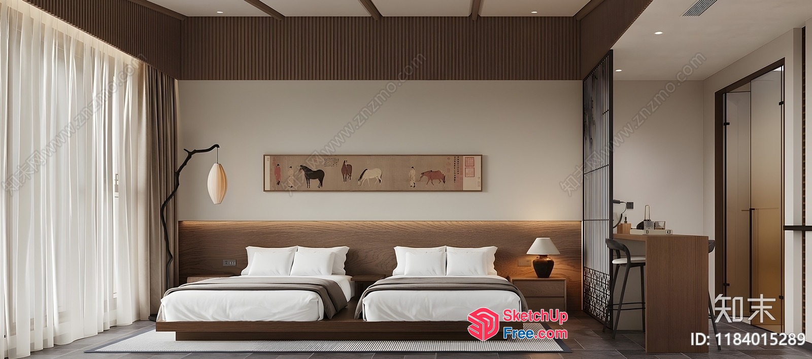 Modern Bedroom With Two Beds And Animal Artwork 3D SketchUp File