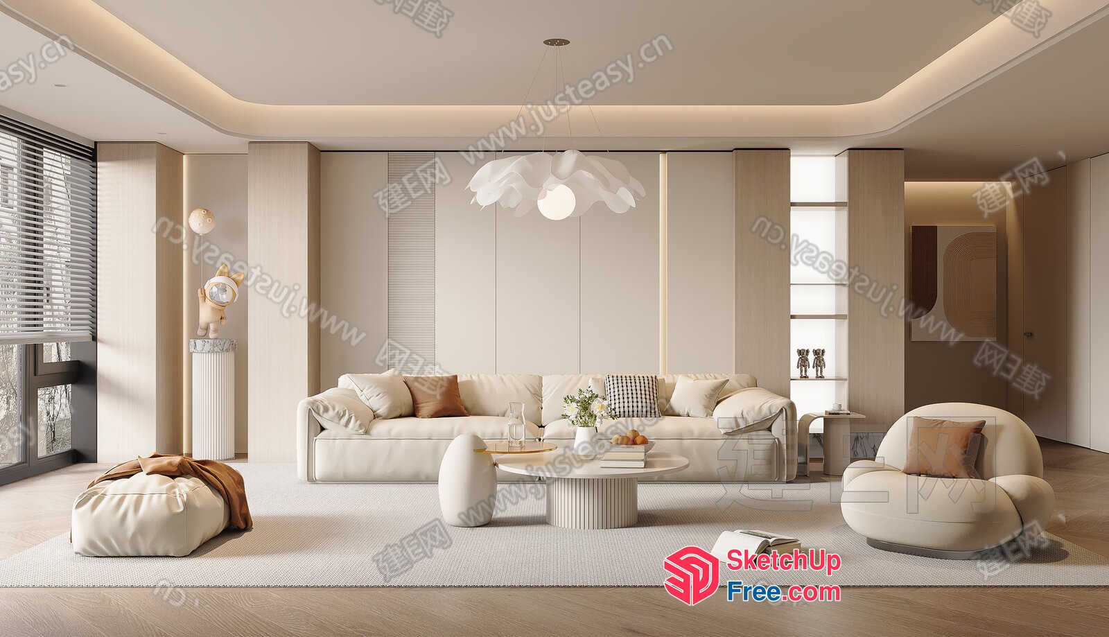 Elegant Creamy Style Living Room With Pillars And Pillows 3D SketchUp File