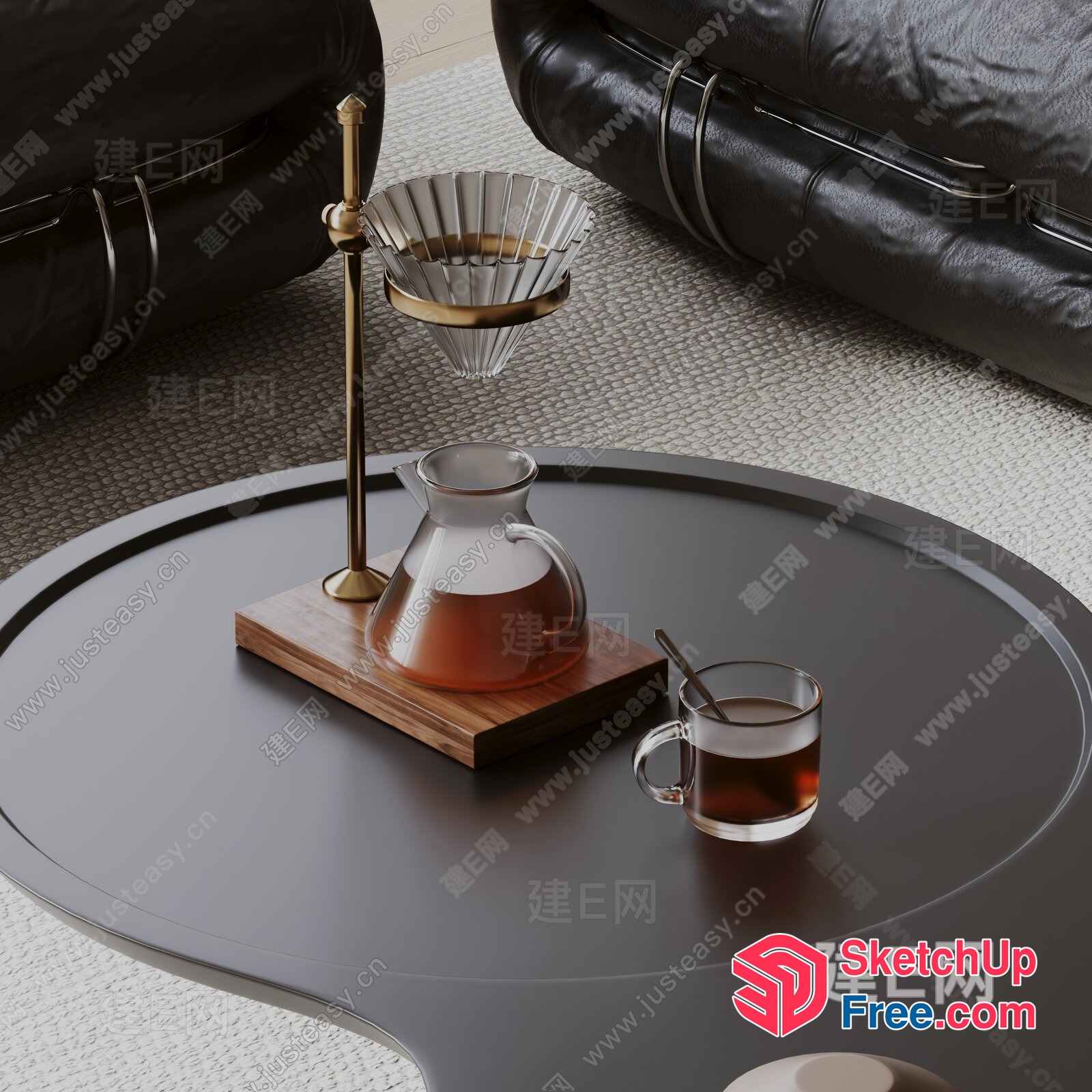 Glass Coffee Maker And Cup On A Round Black Table 3D SketchUp File