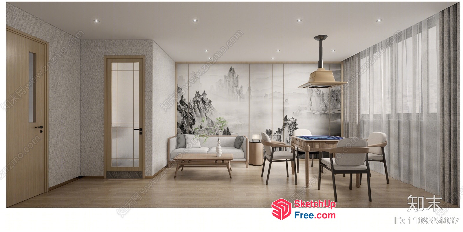 Modern Asian-Inspired Living Room With Natural Wood Accents 3D SketchUp File