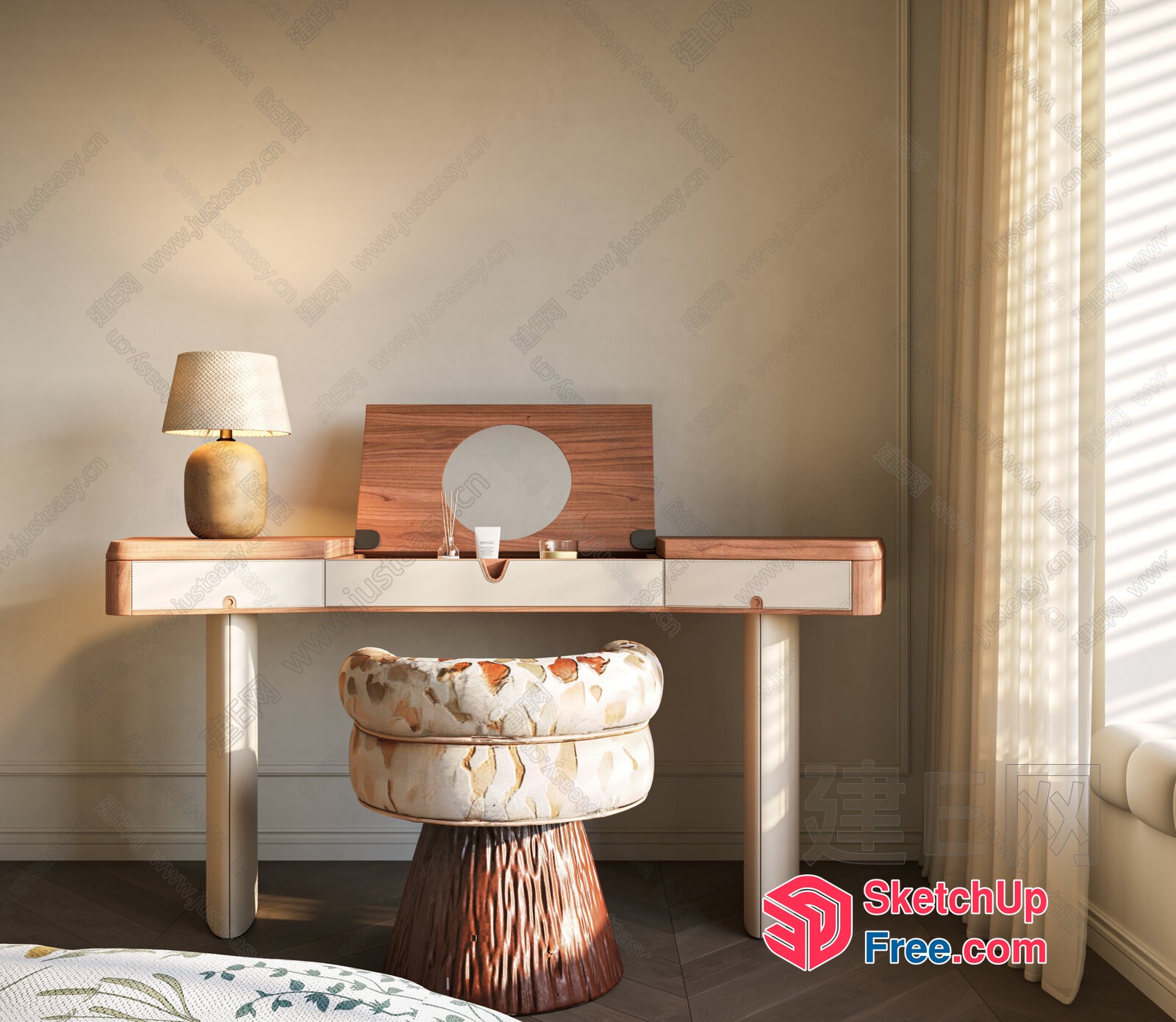 Elegant Creamy Style Dressing Table With Wooden Top 3D SketchUp File