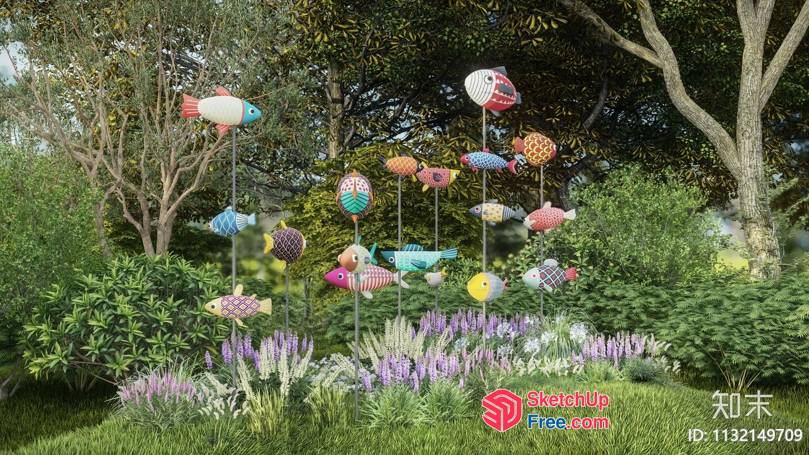 Colorful Fish Sculptures In A Lush Garden 3D SketchUp File