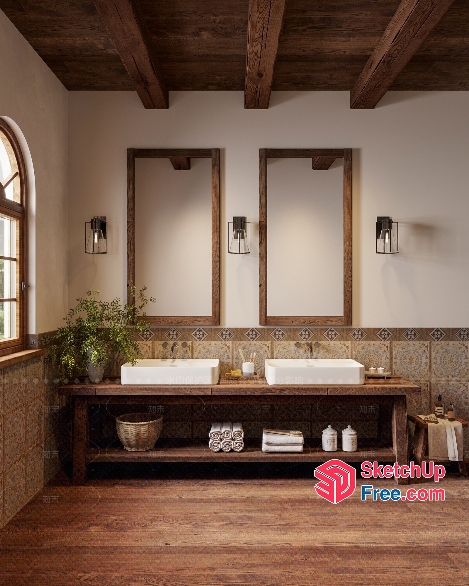 Rustic Bathroom With Wooden Ceiling And Double Sinks 3D SketchUp File