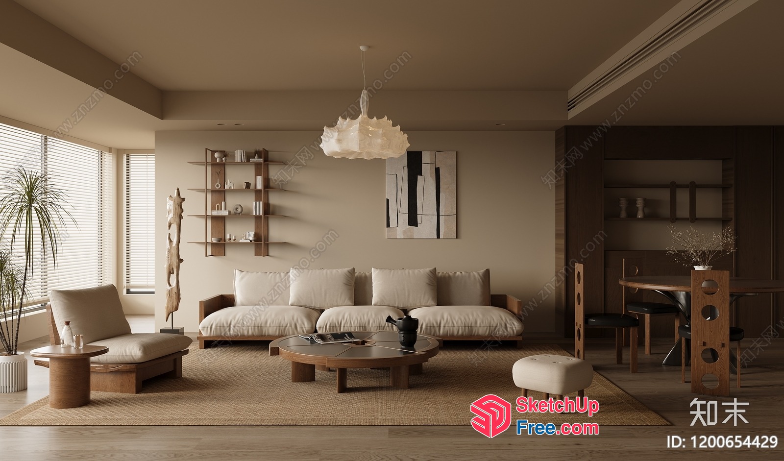 Modern Minimalist Japanese-Style Living Room With Natural Wood Accents 3D SketchUp File