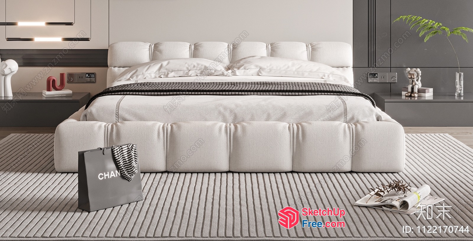 Modern Minimalist Bedroom With White Bed And Gray Accents 3D SketchUp File