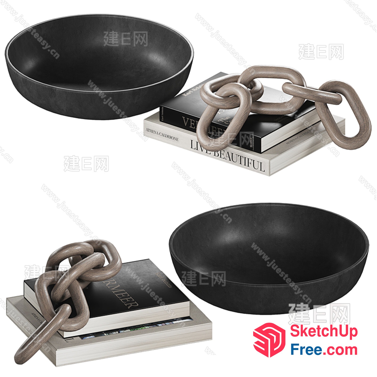 Elegant Black Bowl With Wooden Chain And Books 3D SketchUp File