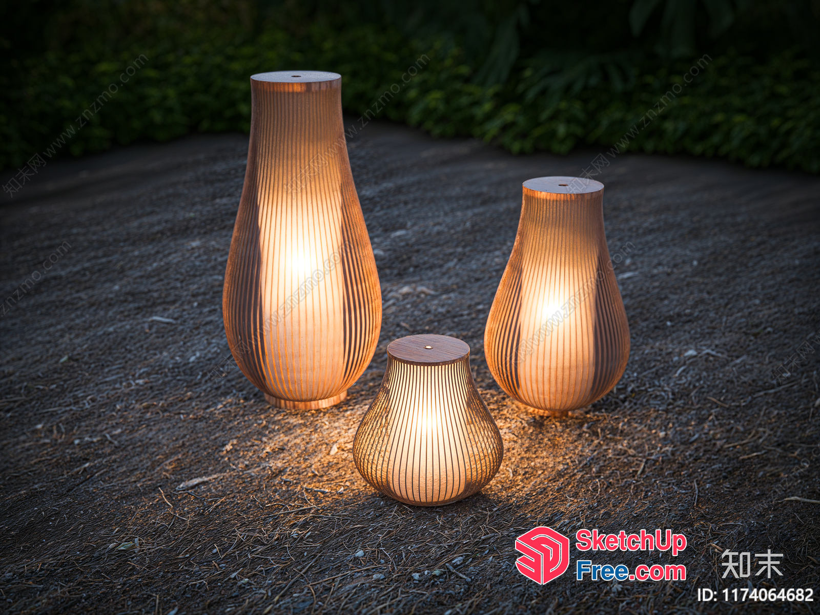 Three Elegant Outdoor Lamps Illuminating A Dark Pathway 3D SketchUp File