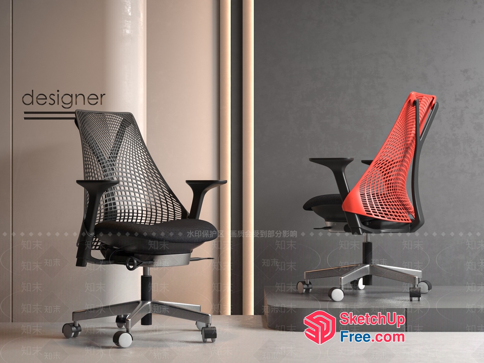Black And Red Office Chairs With Mesh Backrests 3D SketchUp File