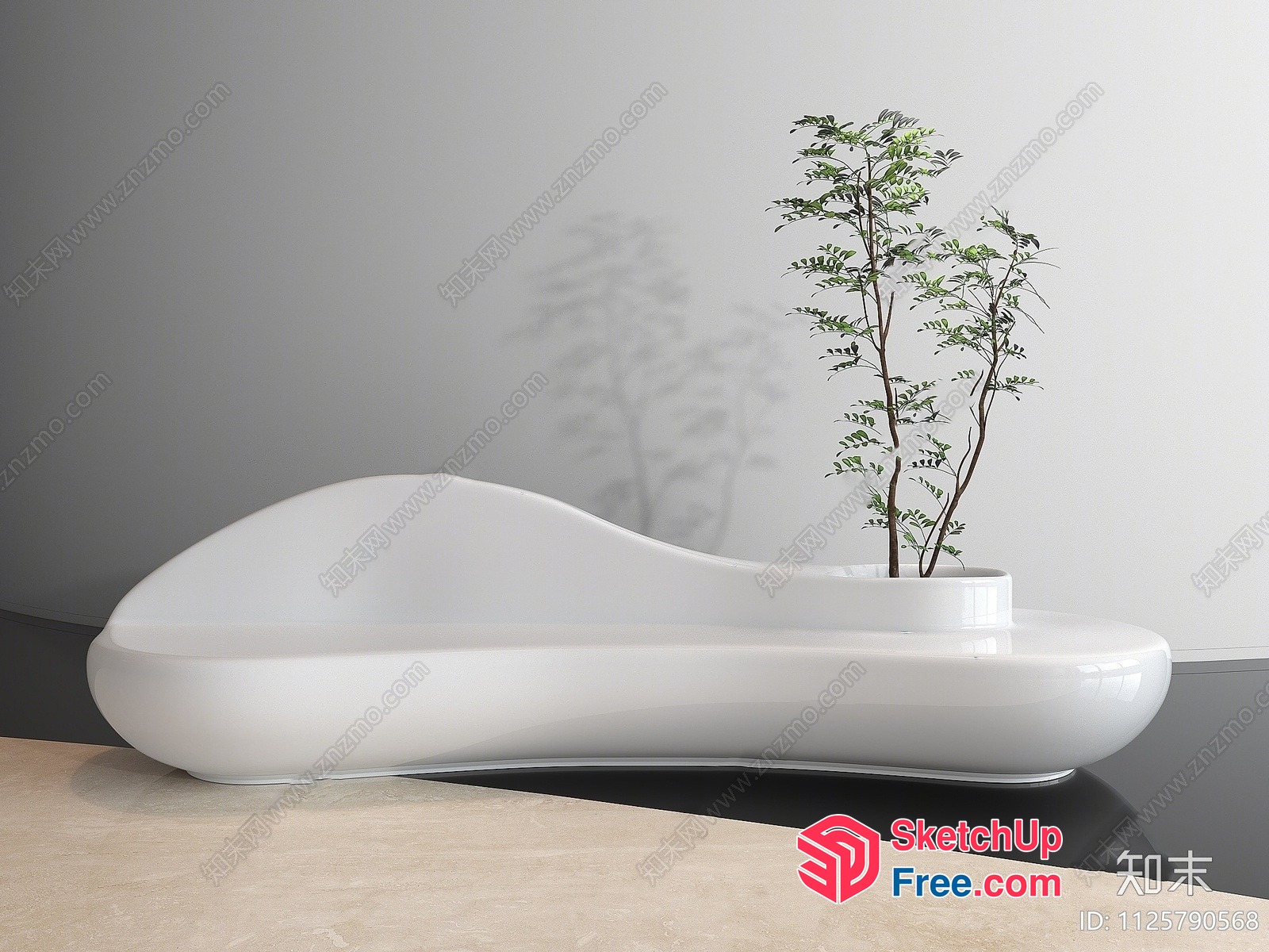 Sleek Modern White Furniture Piece With Potted Plant 3D SketchUp File