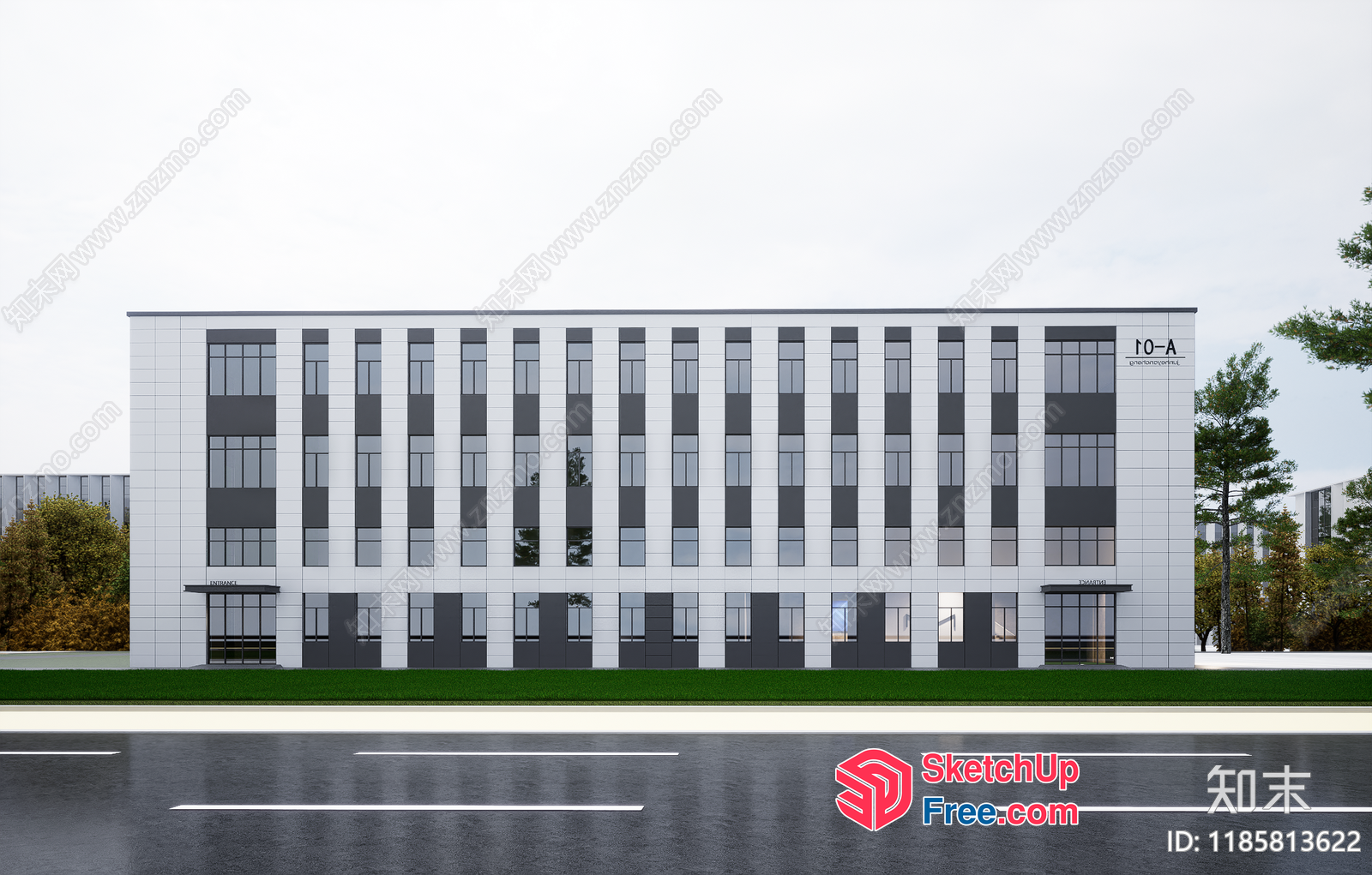 Office Building With Modern Architecture And Glass Curtain Wall 3D SketchUp File