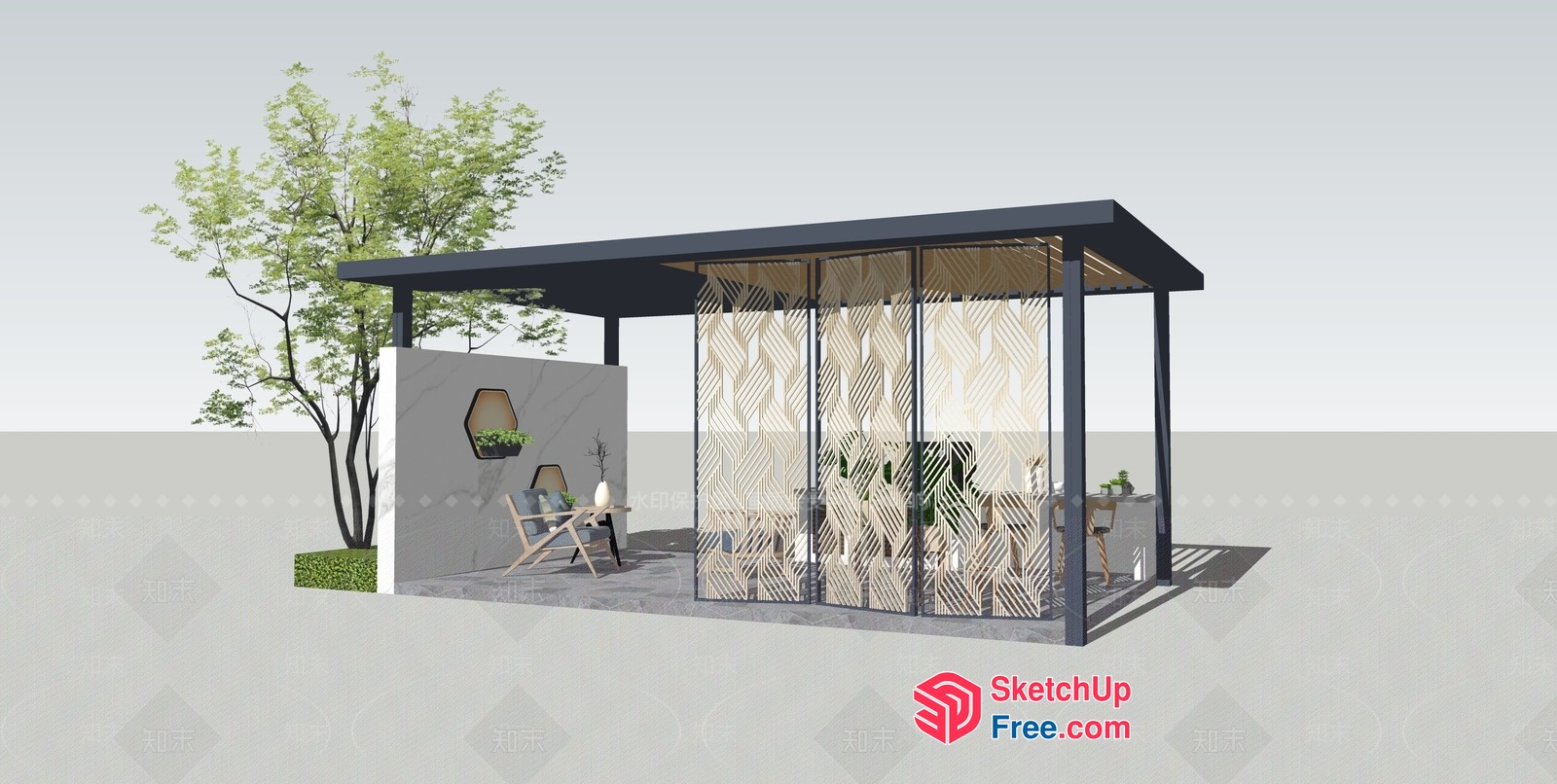 Outdoor Seating Area With Glass Partition 3D SketchUp File
