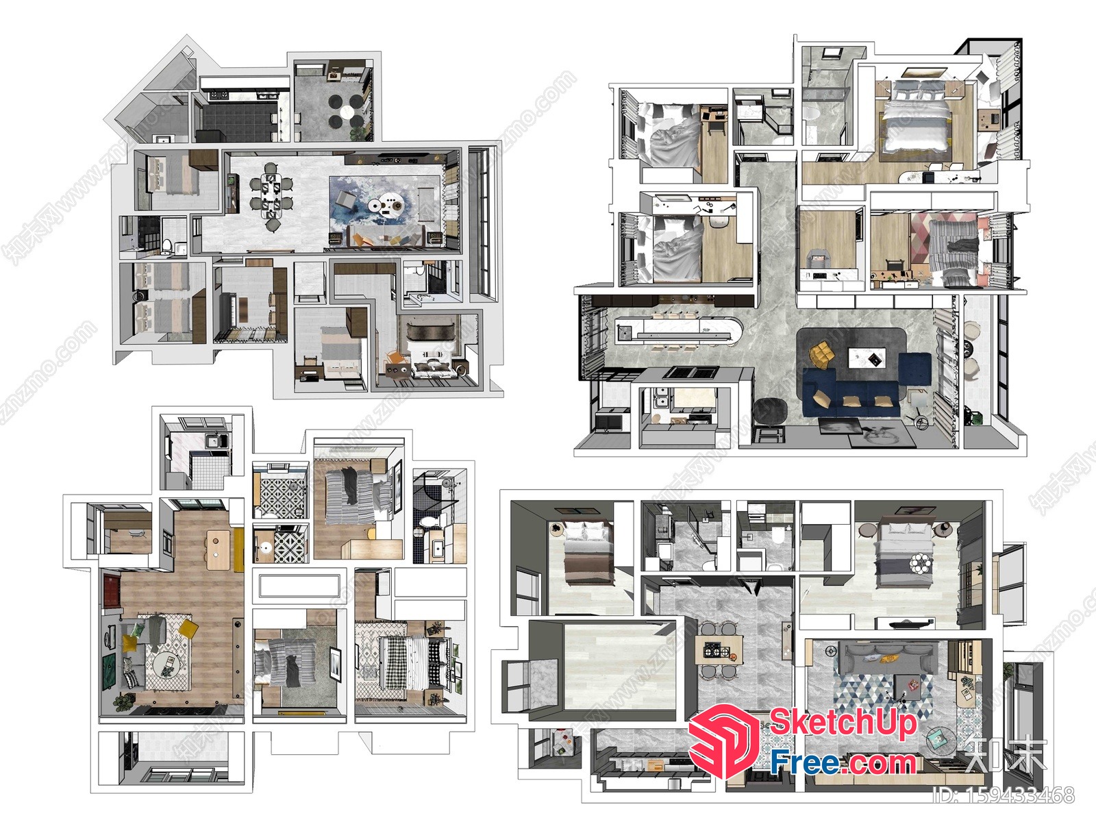 Apartment Plan With Various Room Layouts 3D SketchUp File