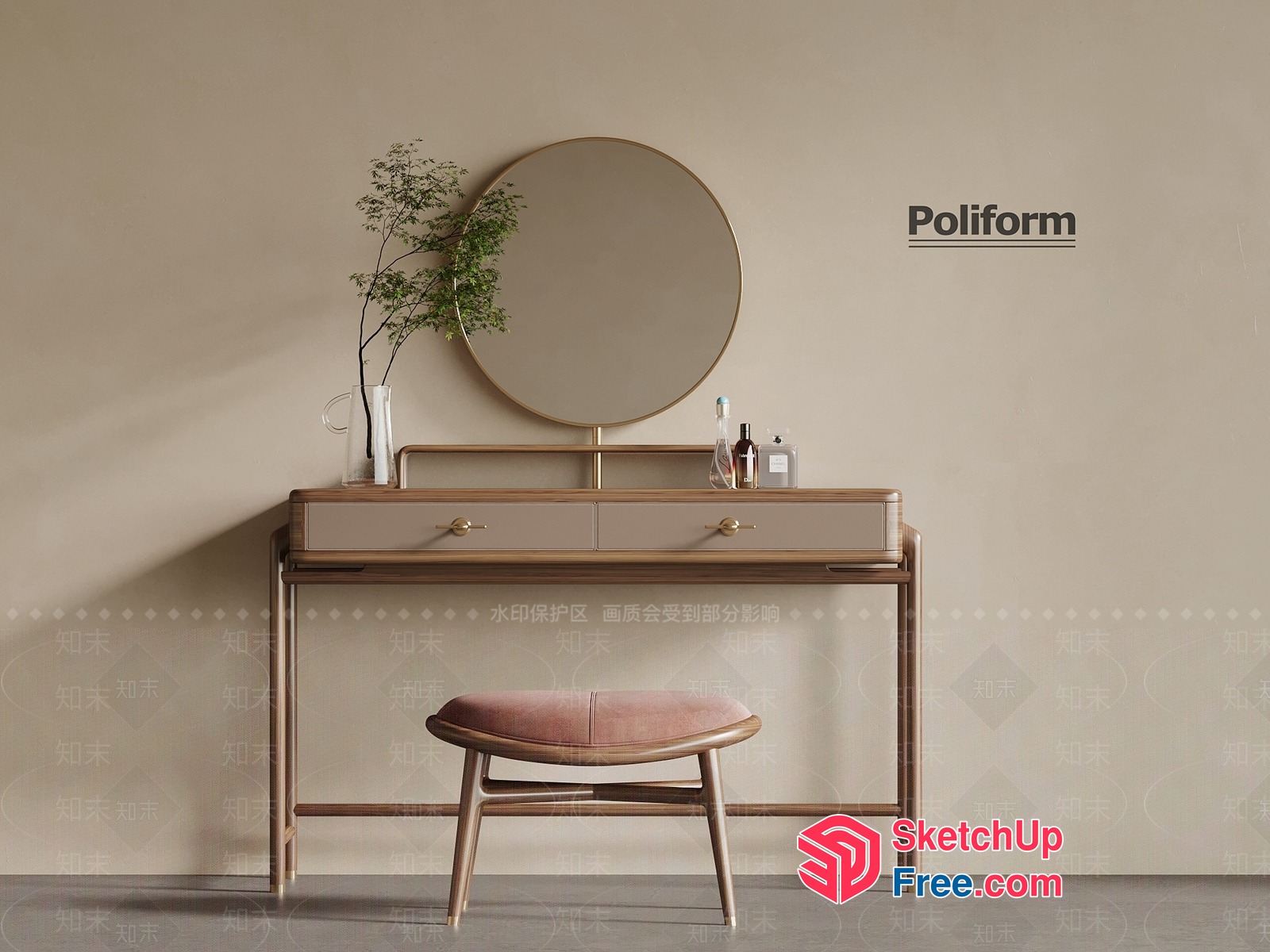 Poliform Dressing Table With Round Mirror And Pink Stool 3D SketchUp File