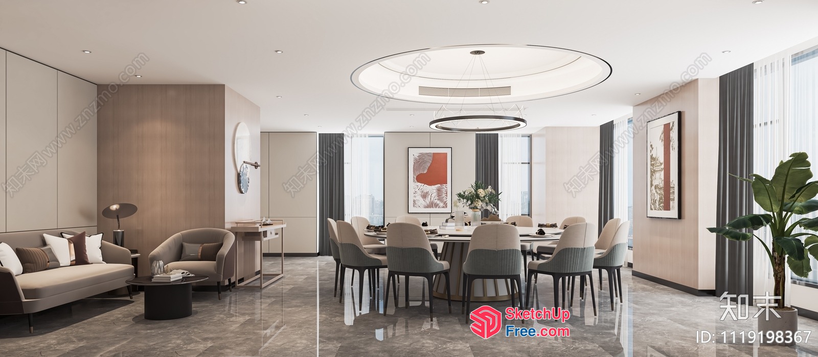 Modern Interior Design With Elegant Dining Room And Comfortable Living Room 3D SketchUp File