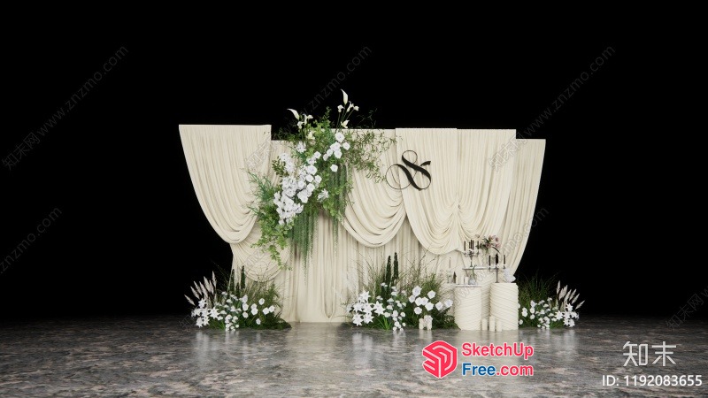 Elegant White Wedding Stage Decor With Flowers And Drapes 3D SketchUp File