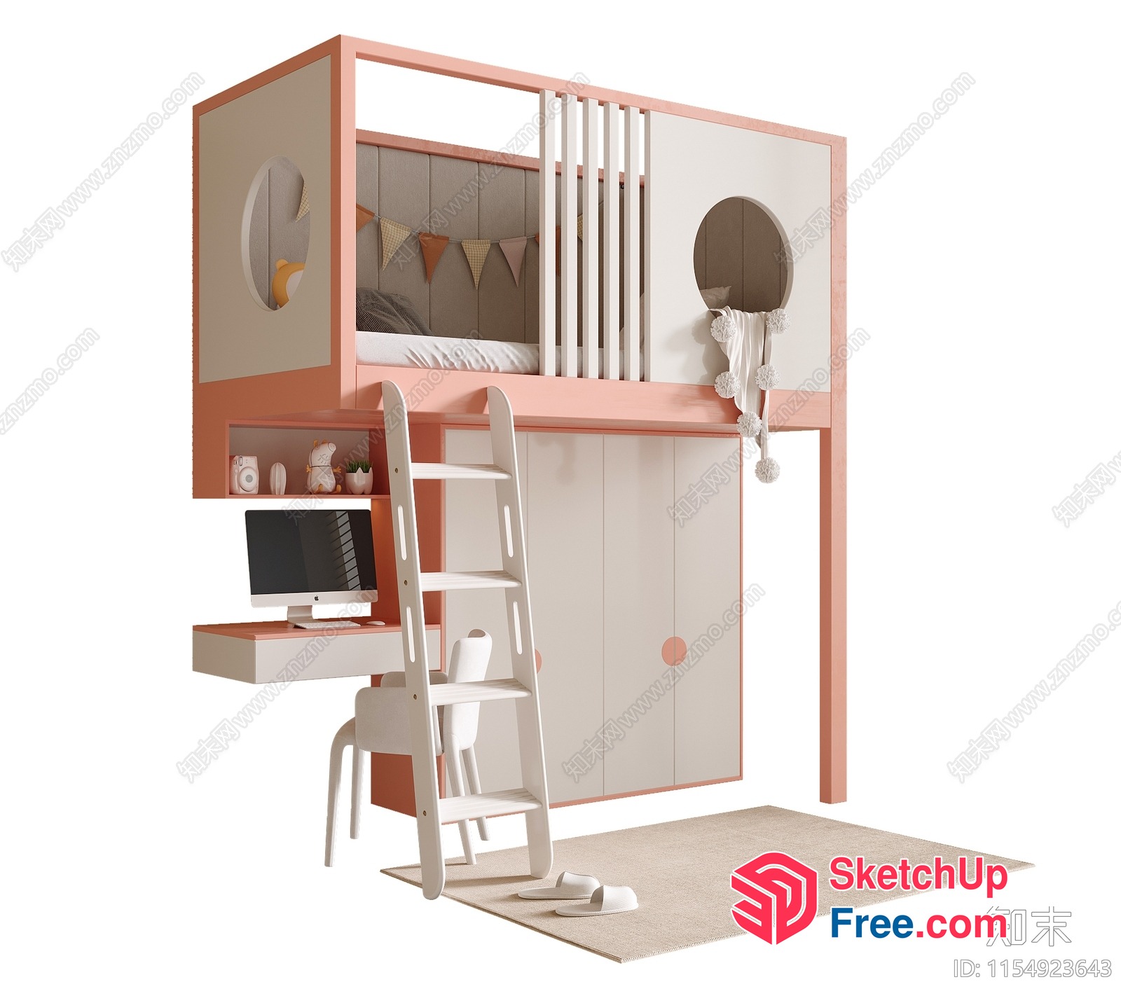 Modern Loft Bed With Built-In Desk And Ladder 3D SketchUp File