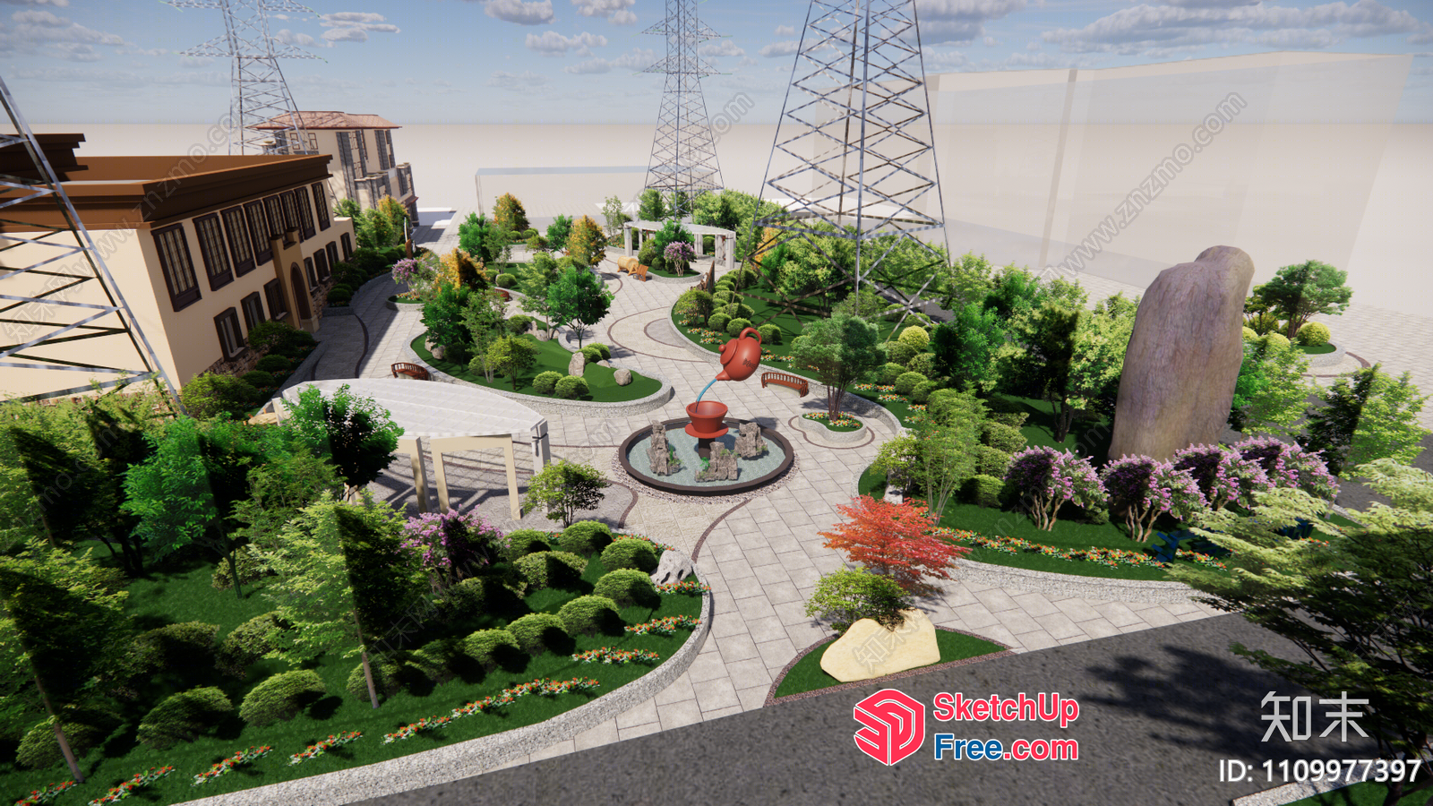 Japanese-Style Garden With Serpentine Pathway And Water Features 3D SketchUp File