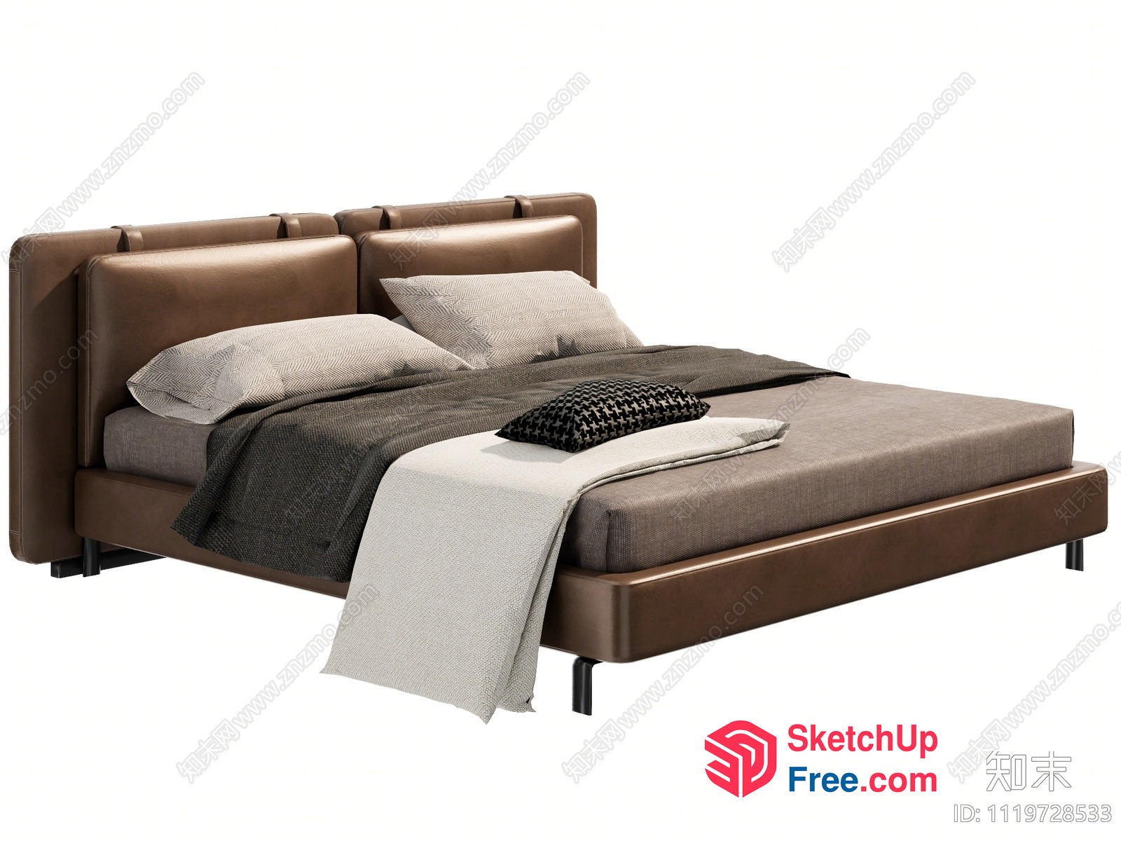 Minimalist Modern Brown Leather Bed 3D SketchUp File