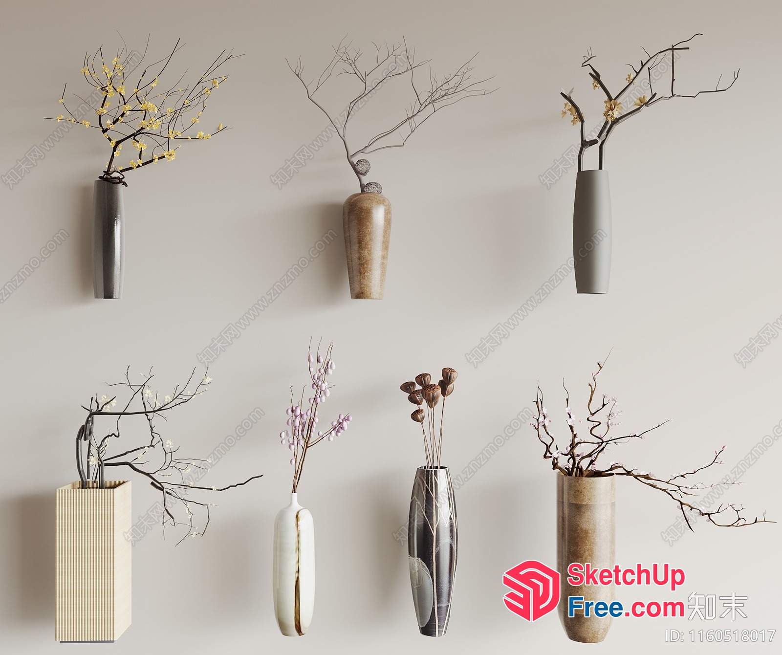 Elegant Wall Decorations With Vases And Branches 3D SketchUp File