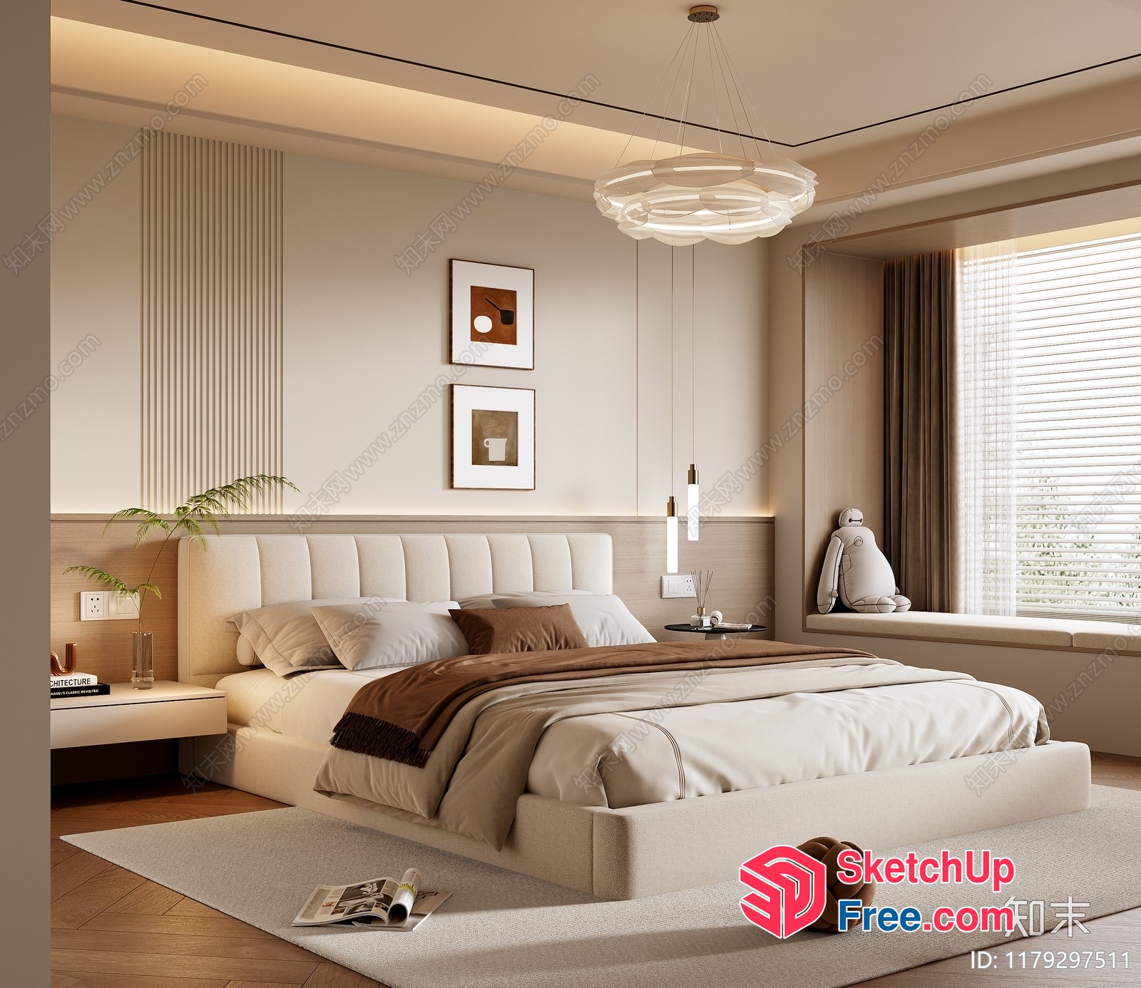 Minimalist Japanese Style Bedroom With Creamy And White Decor 3D SketchUp File